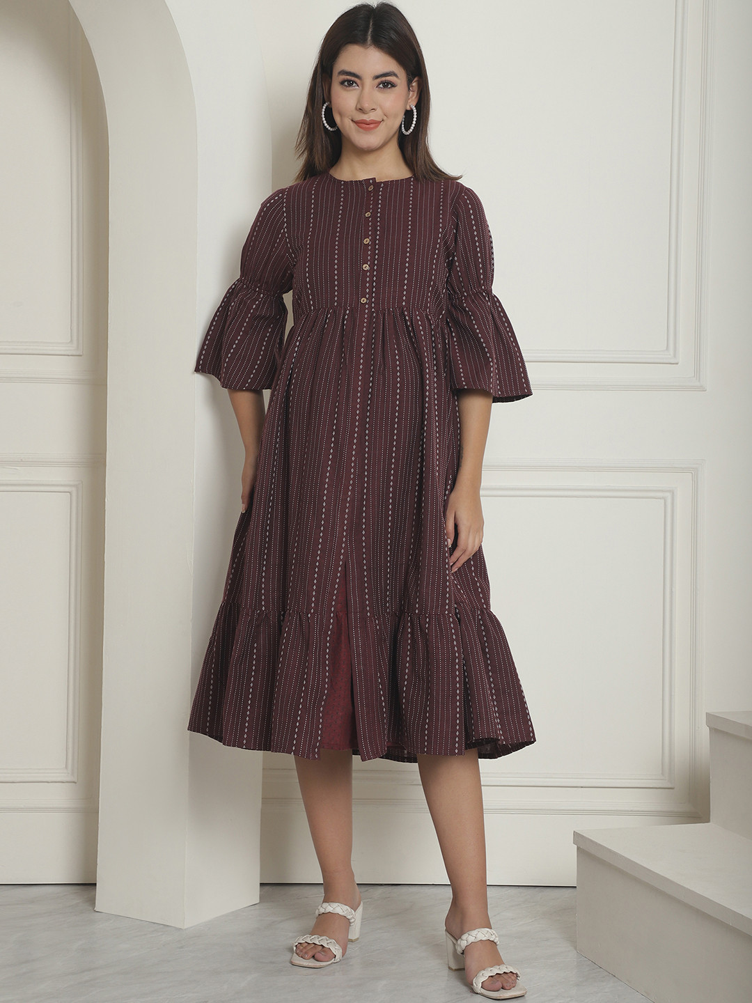 Moms Maternity Self Design Organic Cotton Maternity Ethnic Dress With Shrug