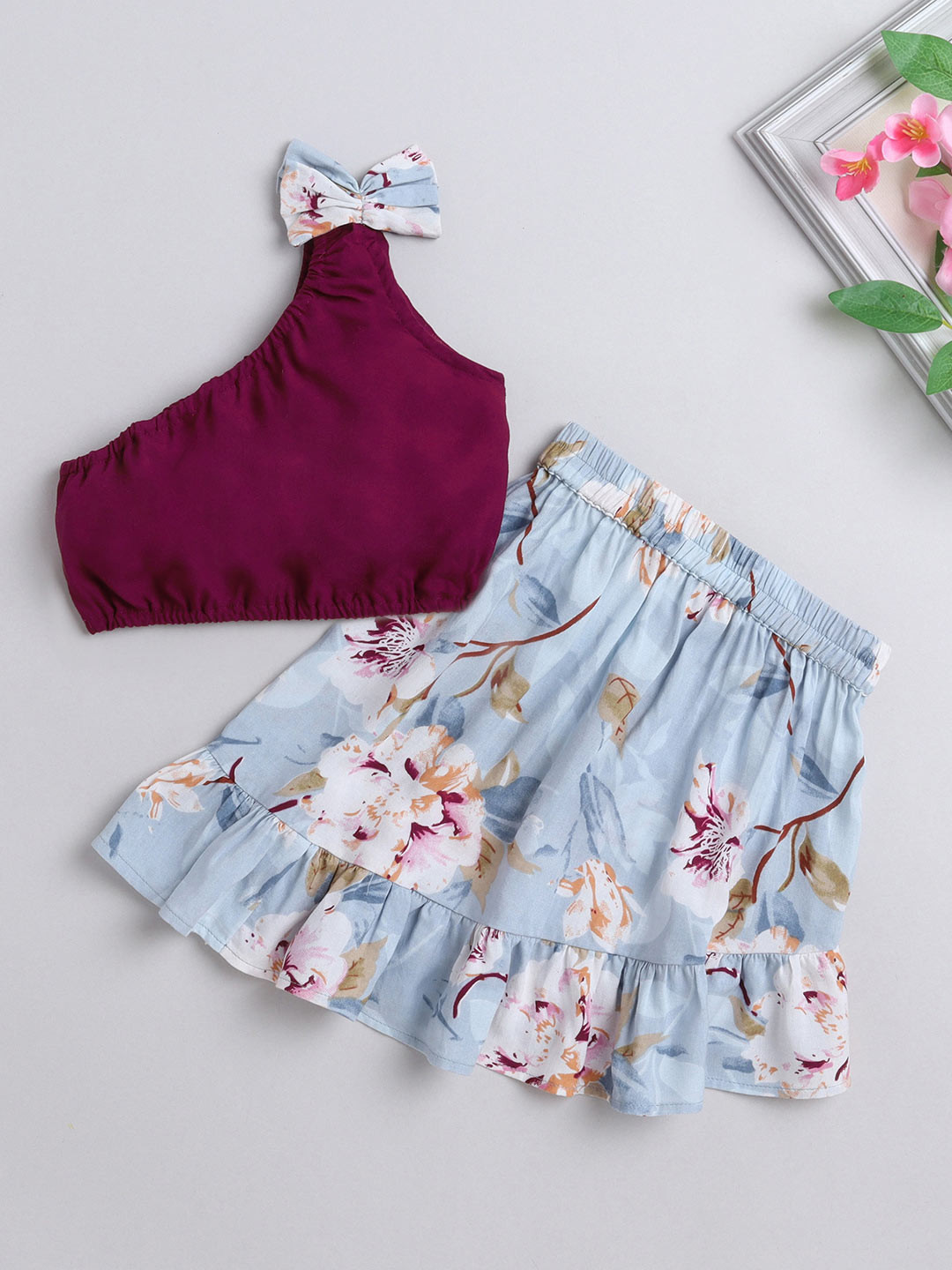 The Magic Wand Girls One Shoulder Top With Floral Printed Skirt