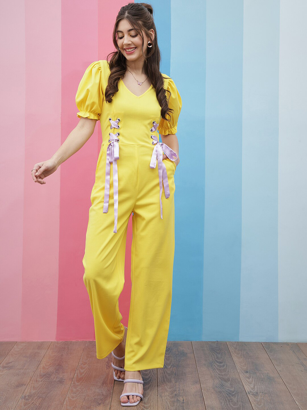 Athena Yellow V-Neck Waist Tie-Ups Basic Jumpsuit