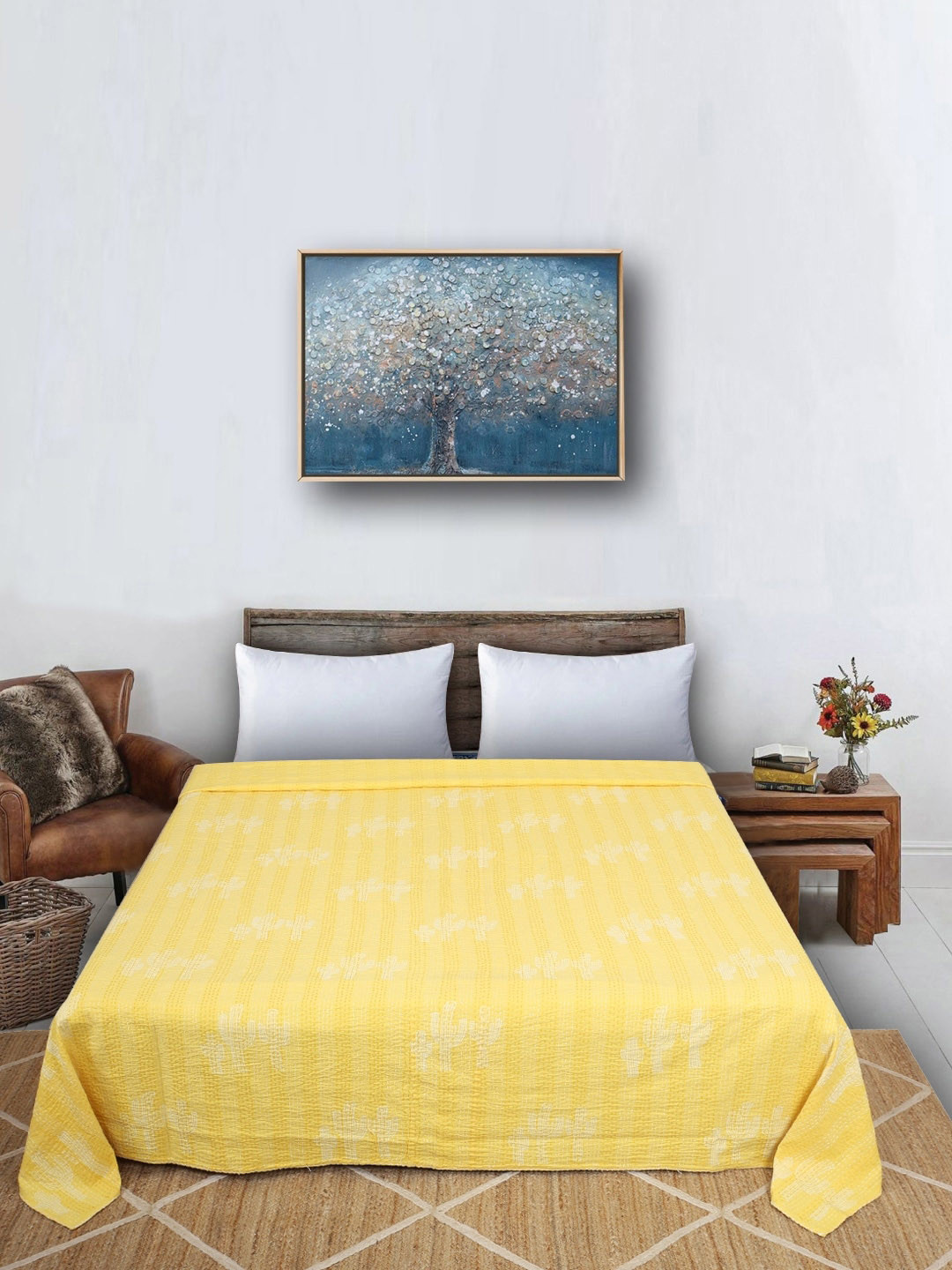 Bohekant Yellow Embroidered Pure Cotton Double Bed-Queen Size Covers