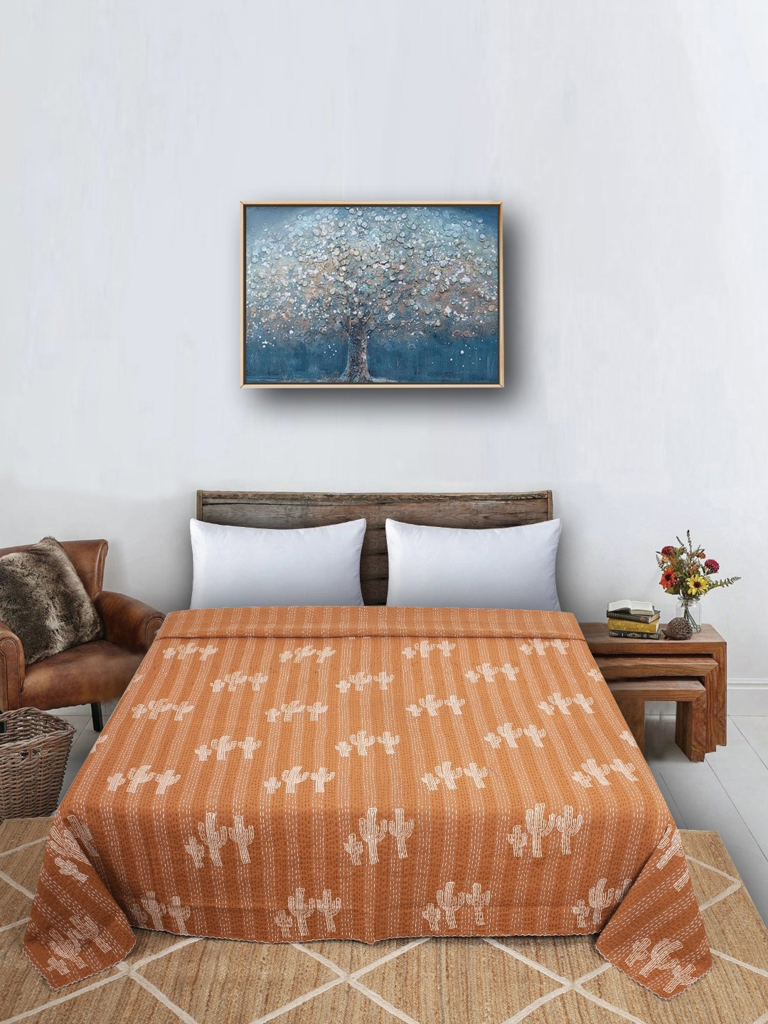 Bohekant Brown Embroidered Pure Cotton Double Bed Queen Cover