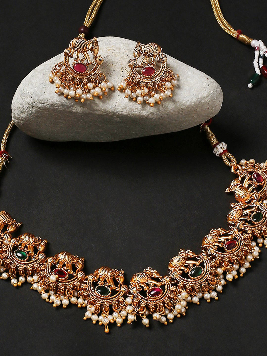 OOMPH Stones Studded & Pearls Beaded Elephant Design Jewellery Set