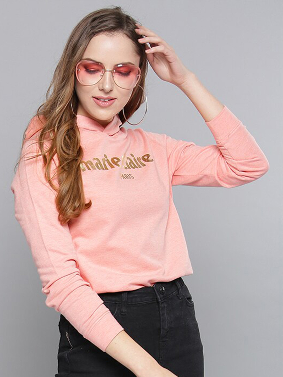 Marie Claire Typography Printed Hooded Fleece Sweatshirt