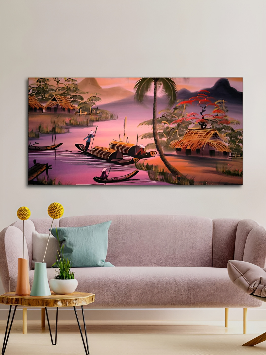 VibeCrafts Pink & Green Canvas Painting Wall Art