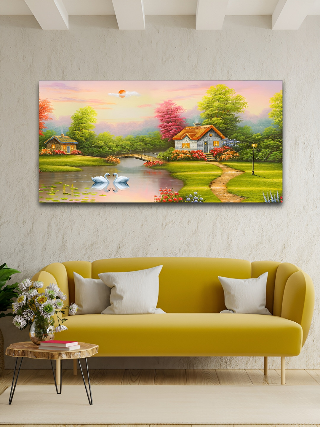 VibeCrafts Green & Pink Canvas Painting Wall Art