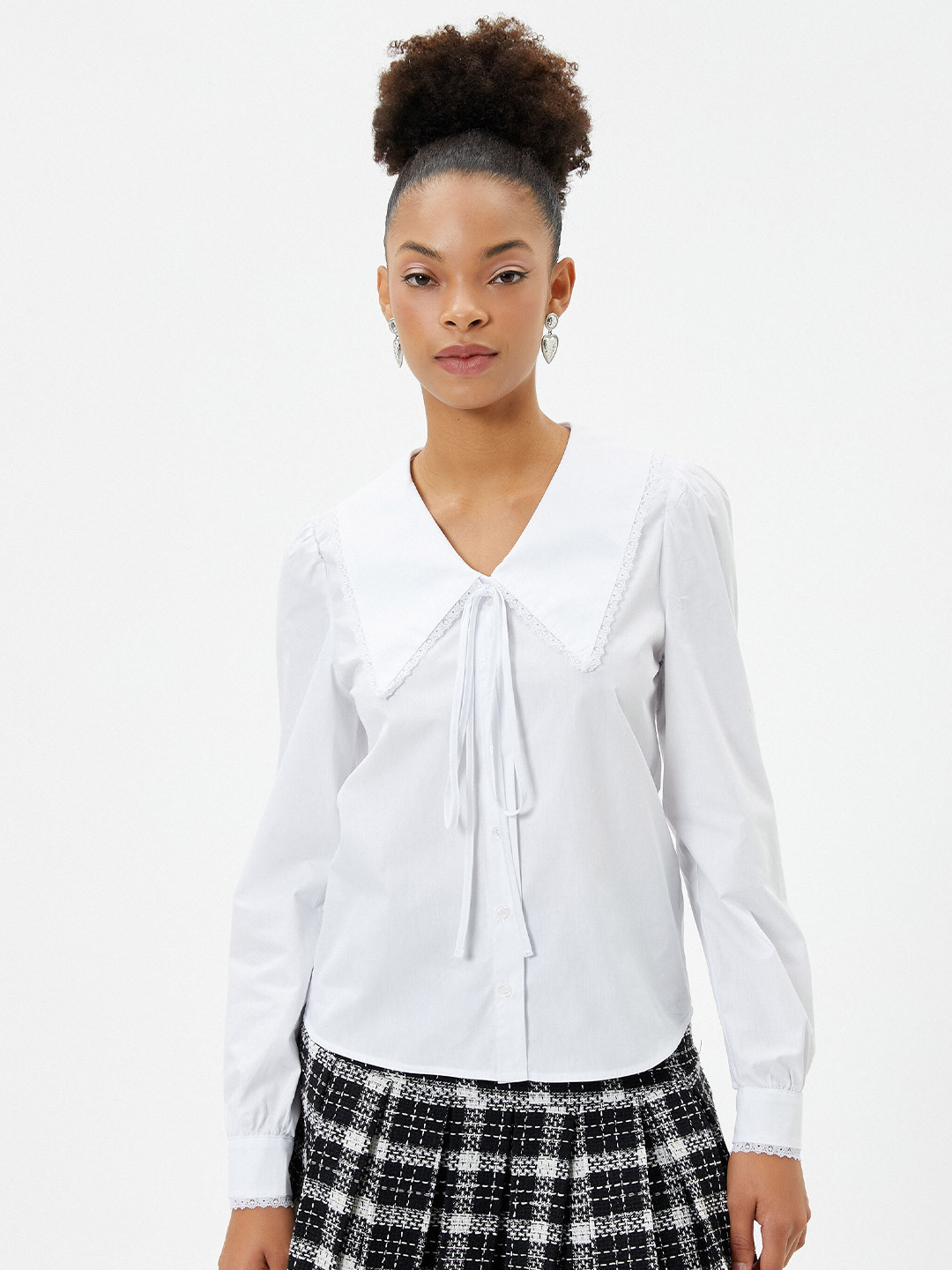 Koton Cotton Above The Keyboard Collar Puff Sleeves Opaque Casual Shirt