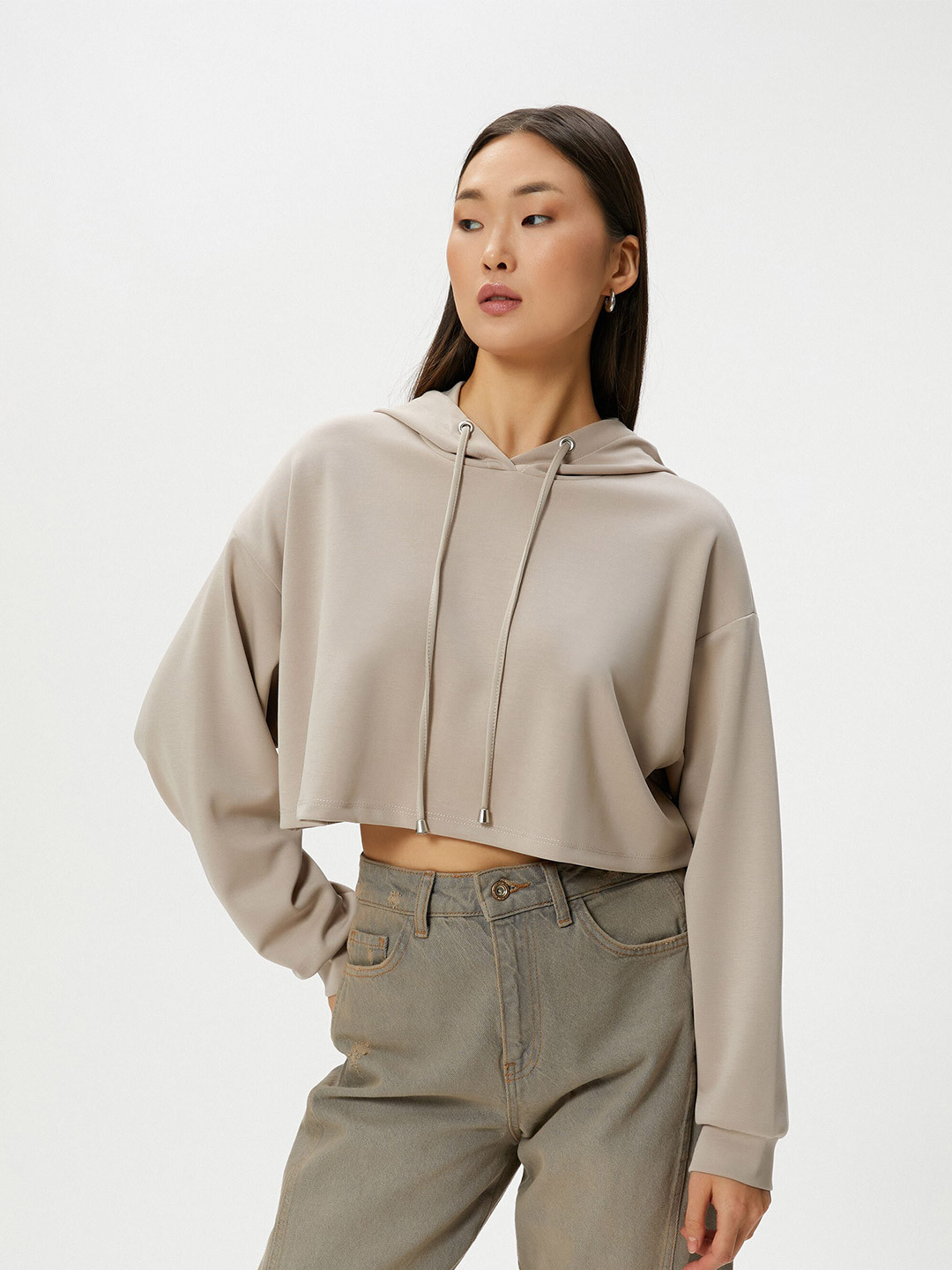 Koton Drop Shoulder Modal Crop Hooded Pullover