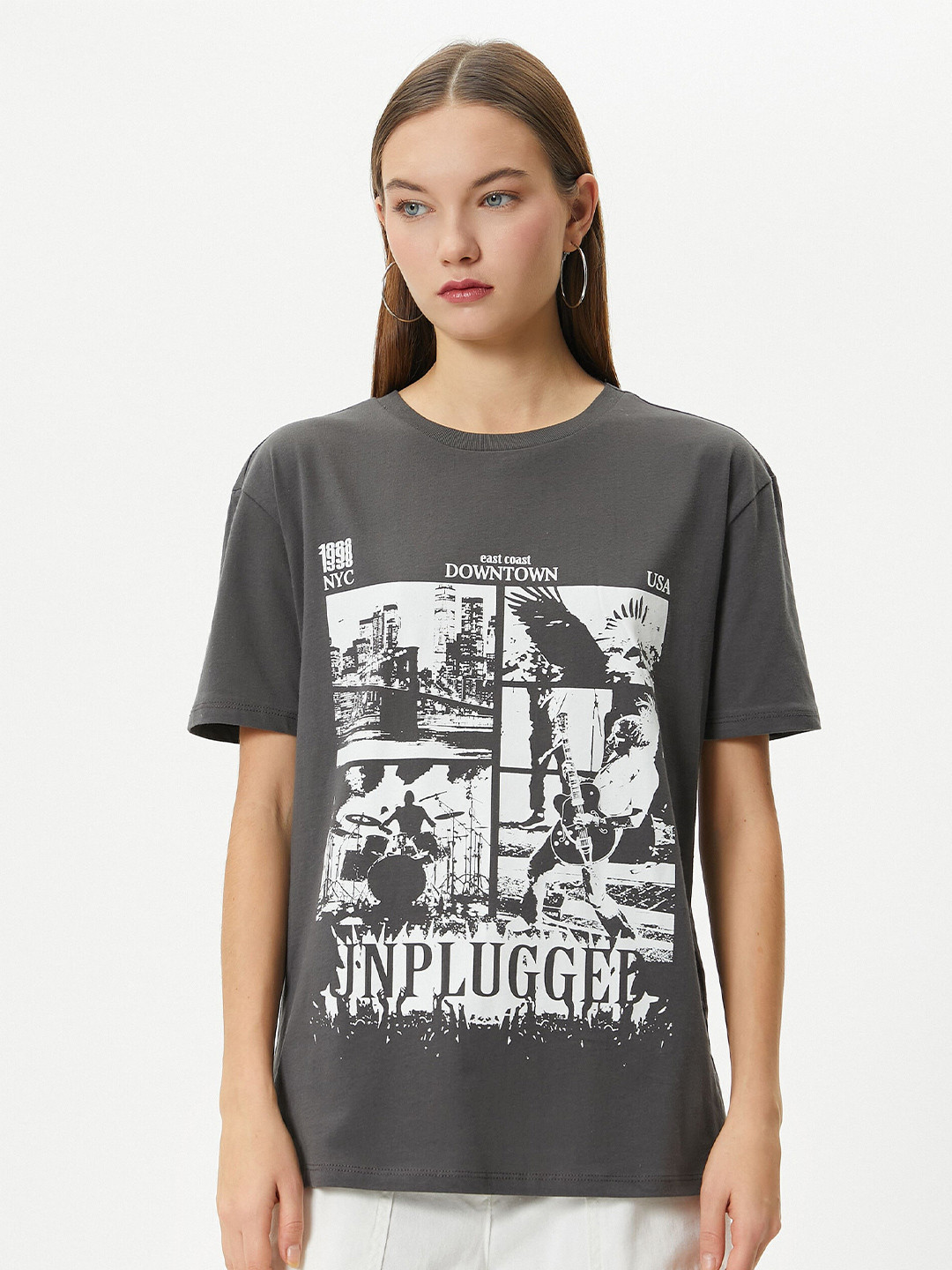 Koton Graphic Printed Round Neck Drop-Shoulder Sleeves Cotton T-shirt