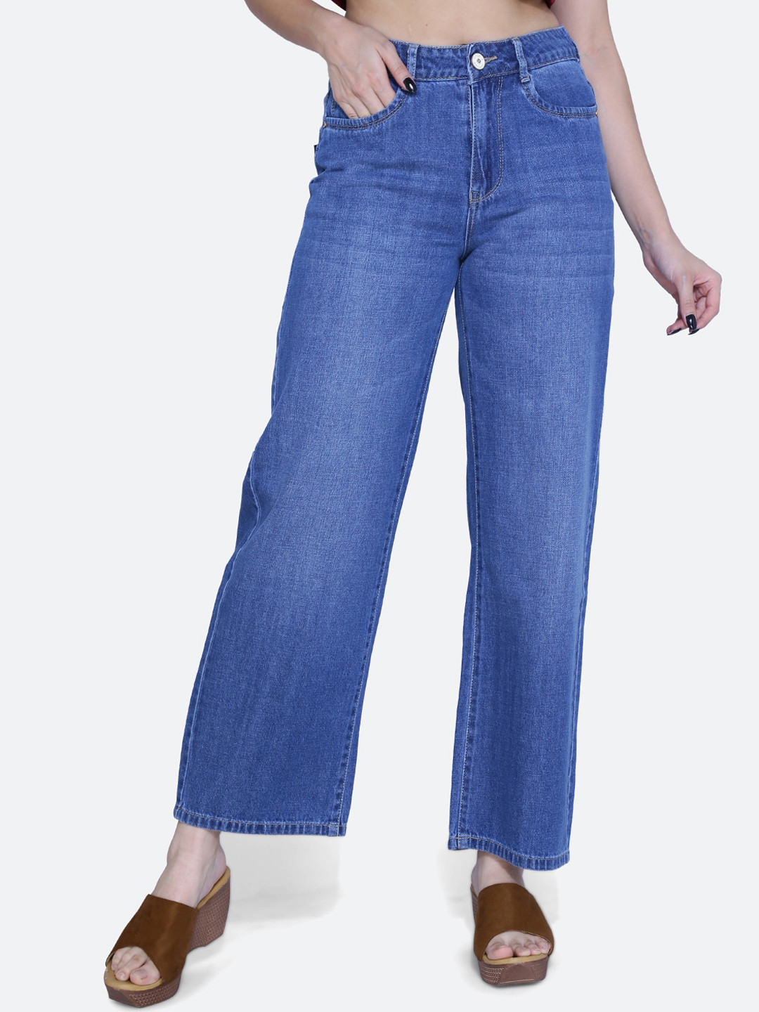 FCK-3 Women Dragon Wide Leg High-Rise Clean Look Light Fade Stretchable Jeans