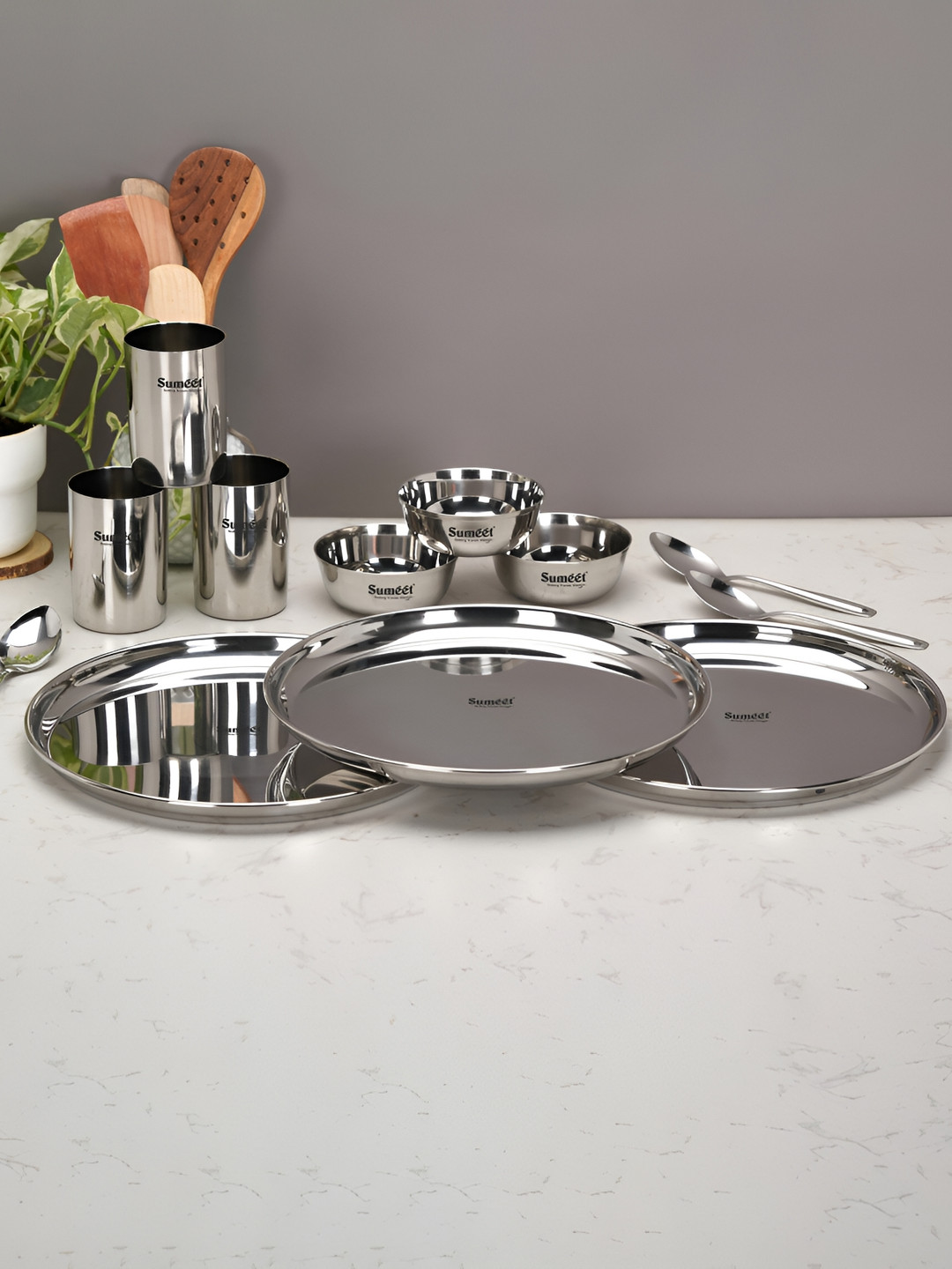 Sumeet Heavy Gauge Silver Solid Stainless Steel Dishwasher Safe 12 Piece Dinner Set