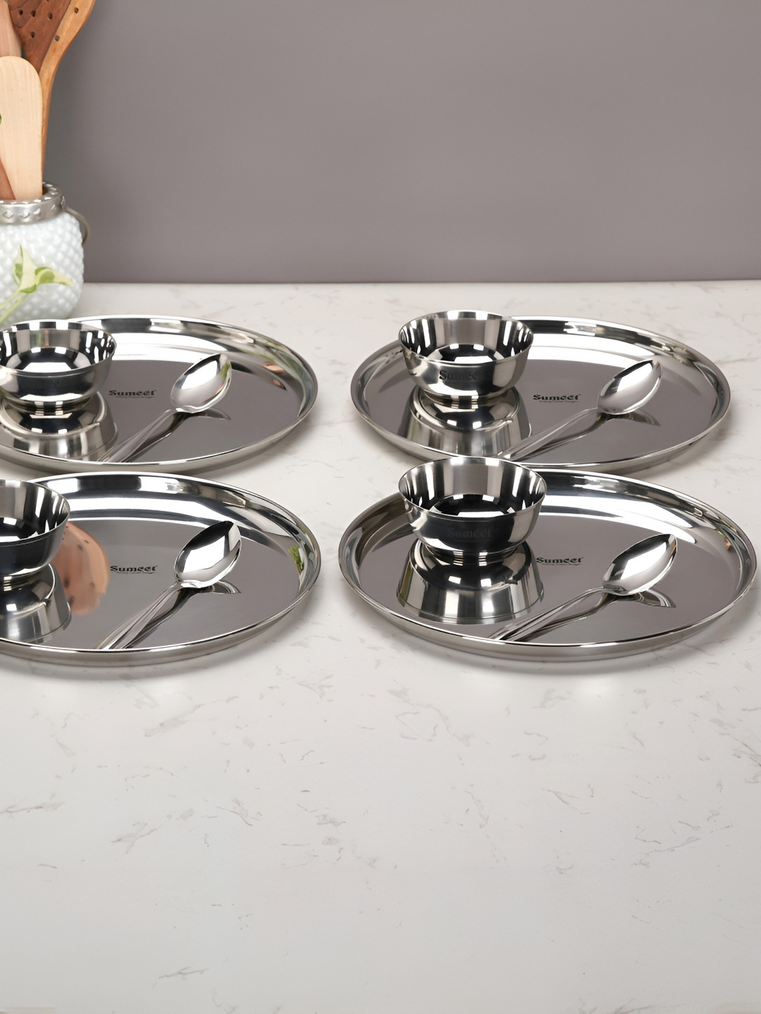 Sumeet Heavy Gauge Silver Solid Stainless Steel Dishwasher Safe 12 Piece Dinner Set