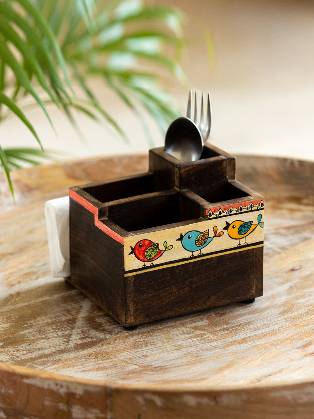 ExclusiveLane Coffee Brown and Beige Wooden Cutlery & Stationery Holder