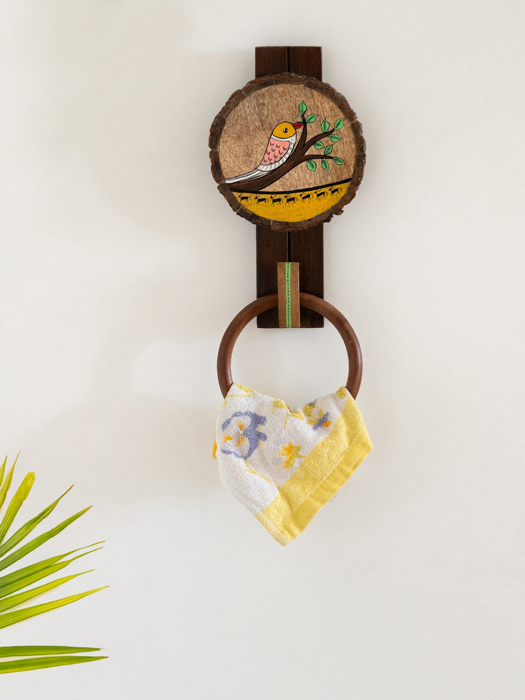 ExclusiveLane Brown and Yellow Floral Singing Bird Wooden Hand Towel Ring Holder