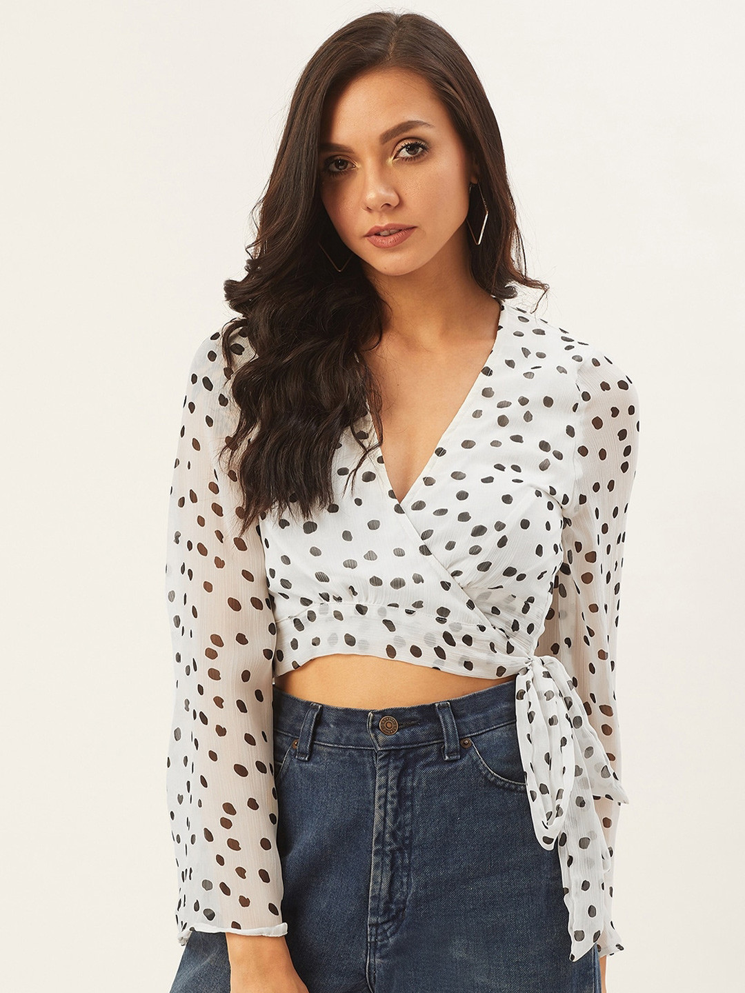 ANVI Be Yourself Geometric Printed Chiffon Wrap Crop Top