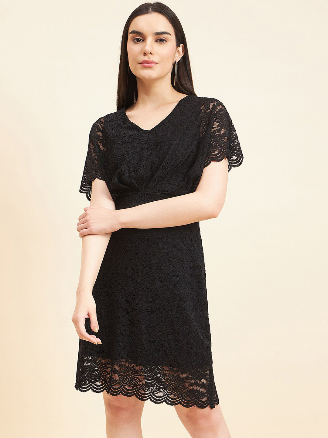 Gipsy V Neck Short Flared Sleeves Lace A-Line Dress