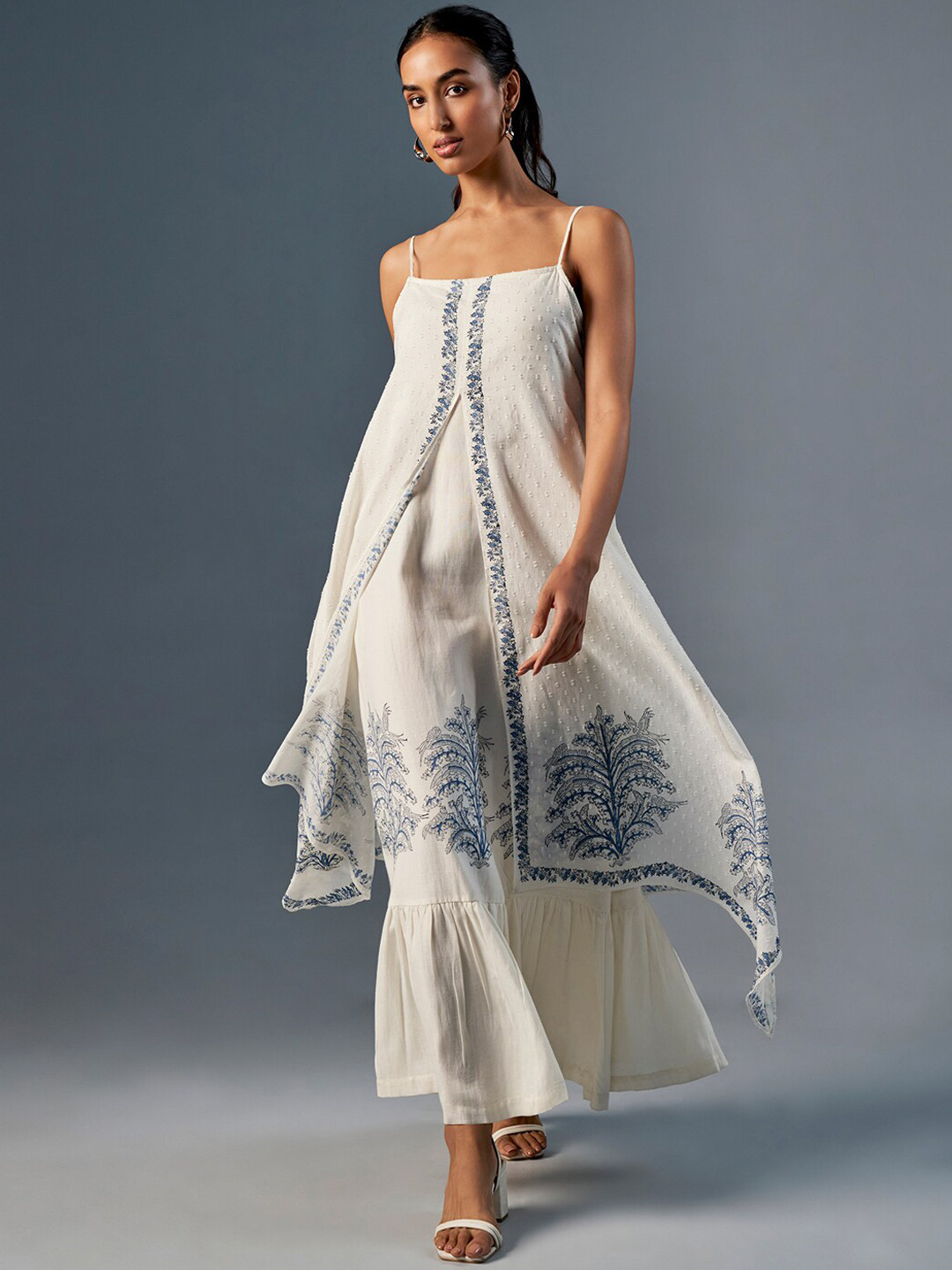 Global Desi Floral Printed Shoulder Straps Sleeveless Layered Cotton Maxi Ethnic Dress