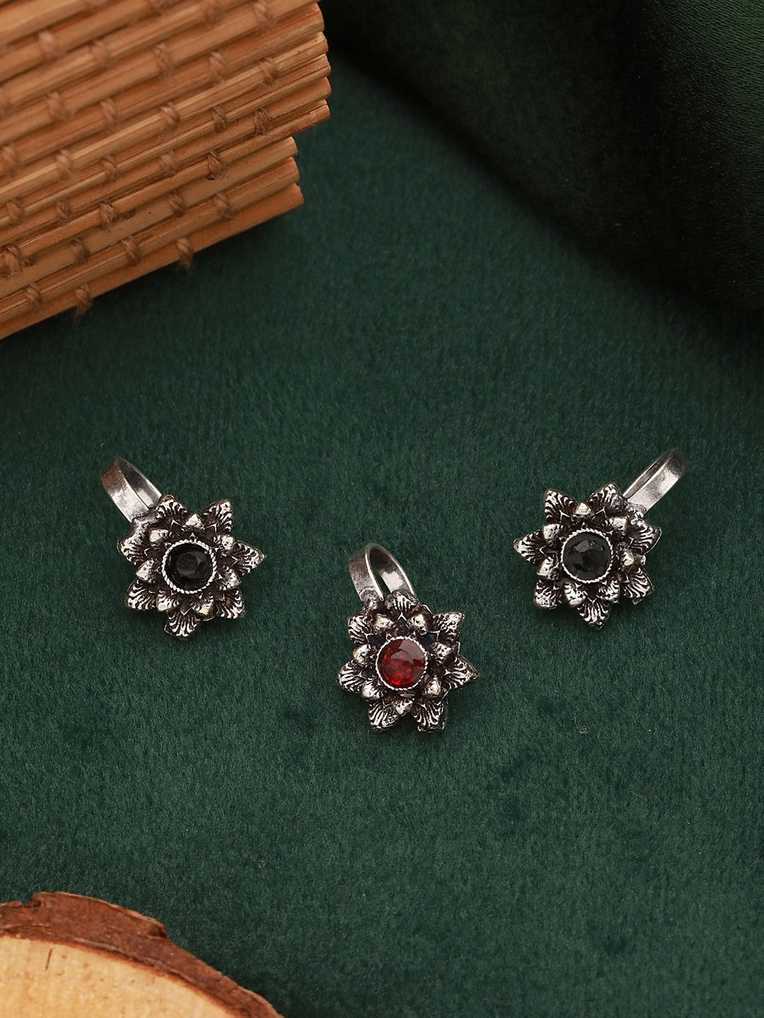 Saraf RS Jewellery Set Of 3 Silver-Plated Oxidised Nose Ring