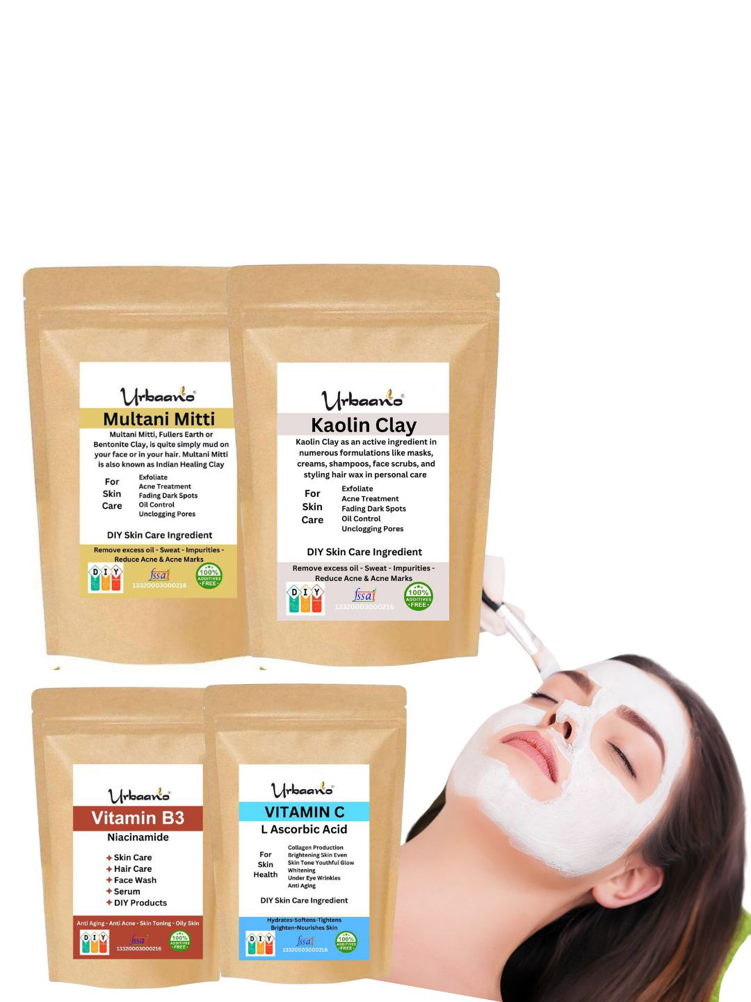 Urbaano Herbal 4Pcs DIY Powder Pack - Multani Mitti + Kaolin Clay + Vitamin B3 + Vitamin C