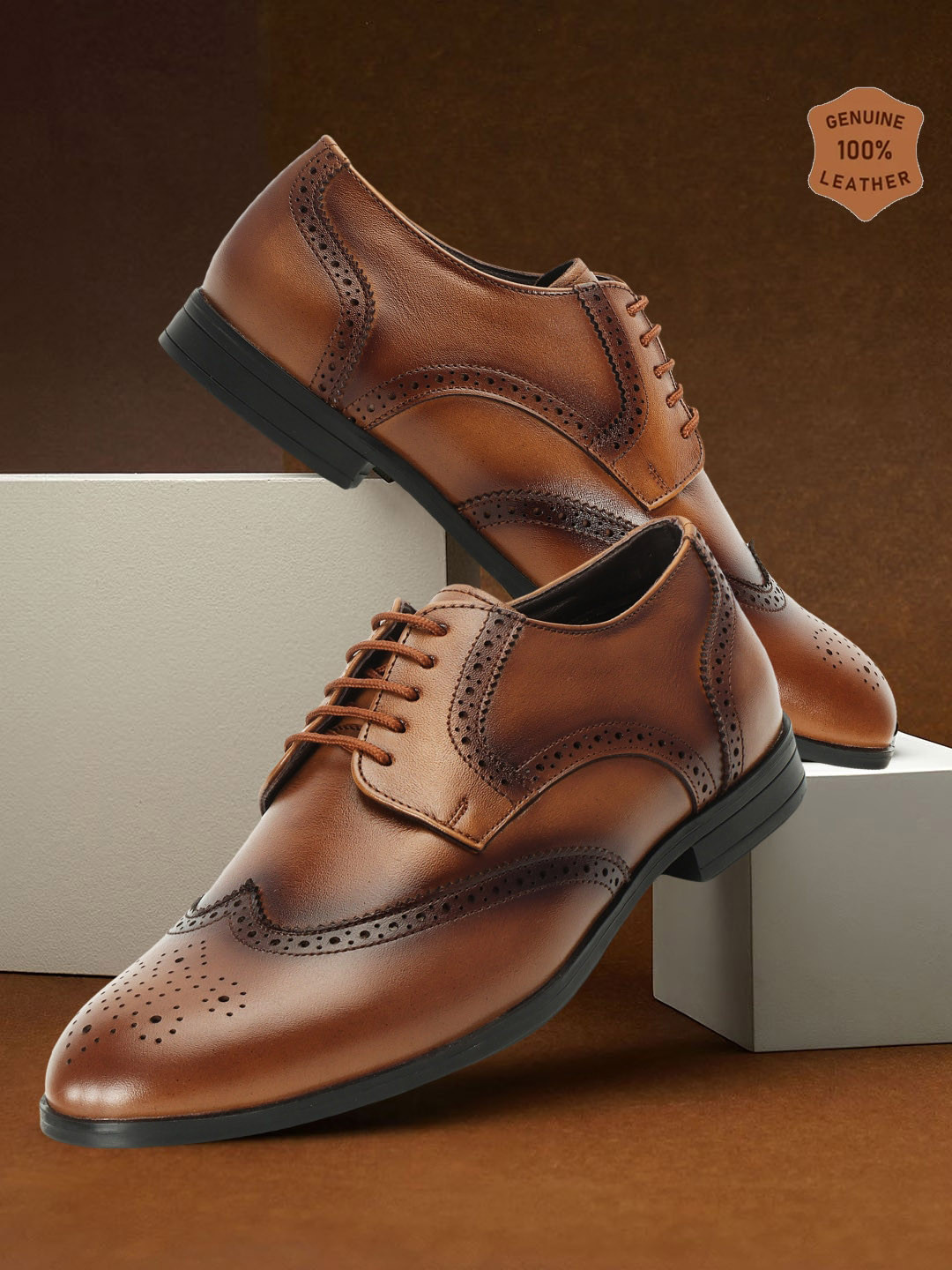 Carlton London Men Textured Round Toe Leather Formal Brogues