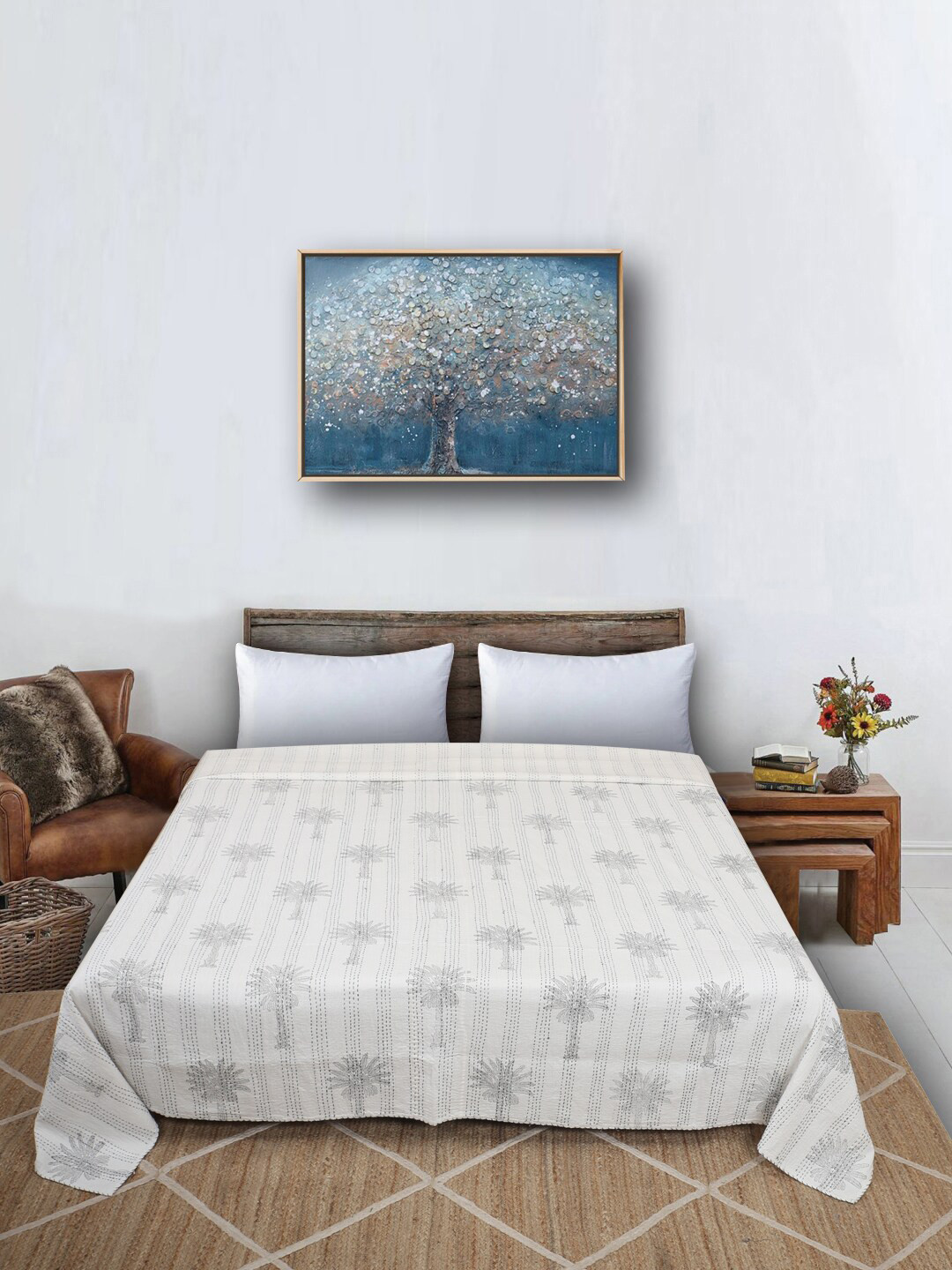 Bohekant White Printed Pure Cotton 120 TC  Double Bed Covers