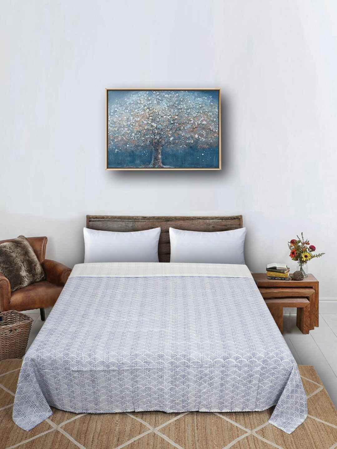 Bohekant White Printed Pure Cotton 120 TC Double Bed Covers