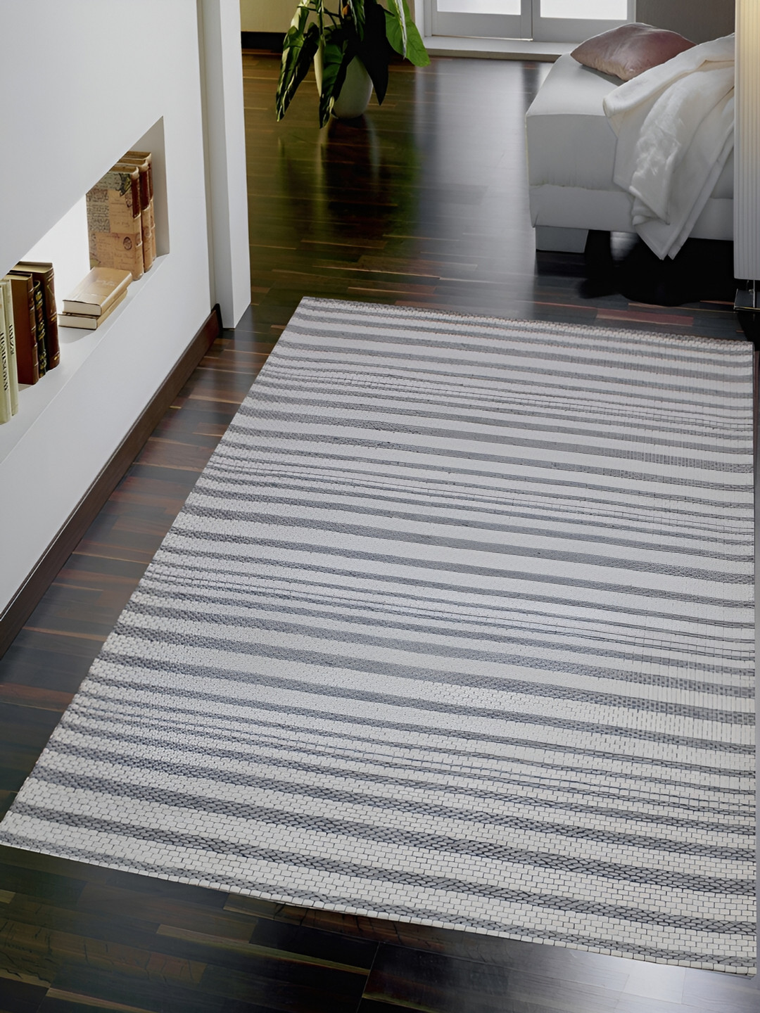 MRIC White Striped Rectangle Woollen Carpet