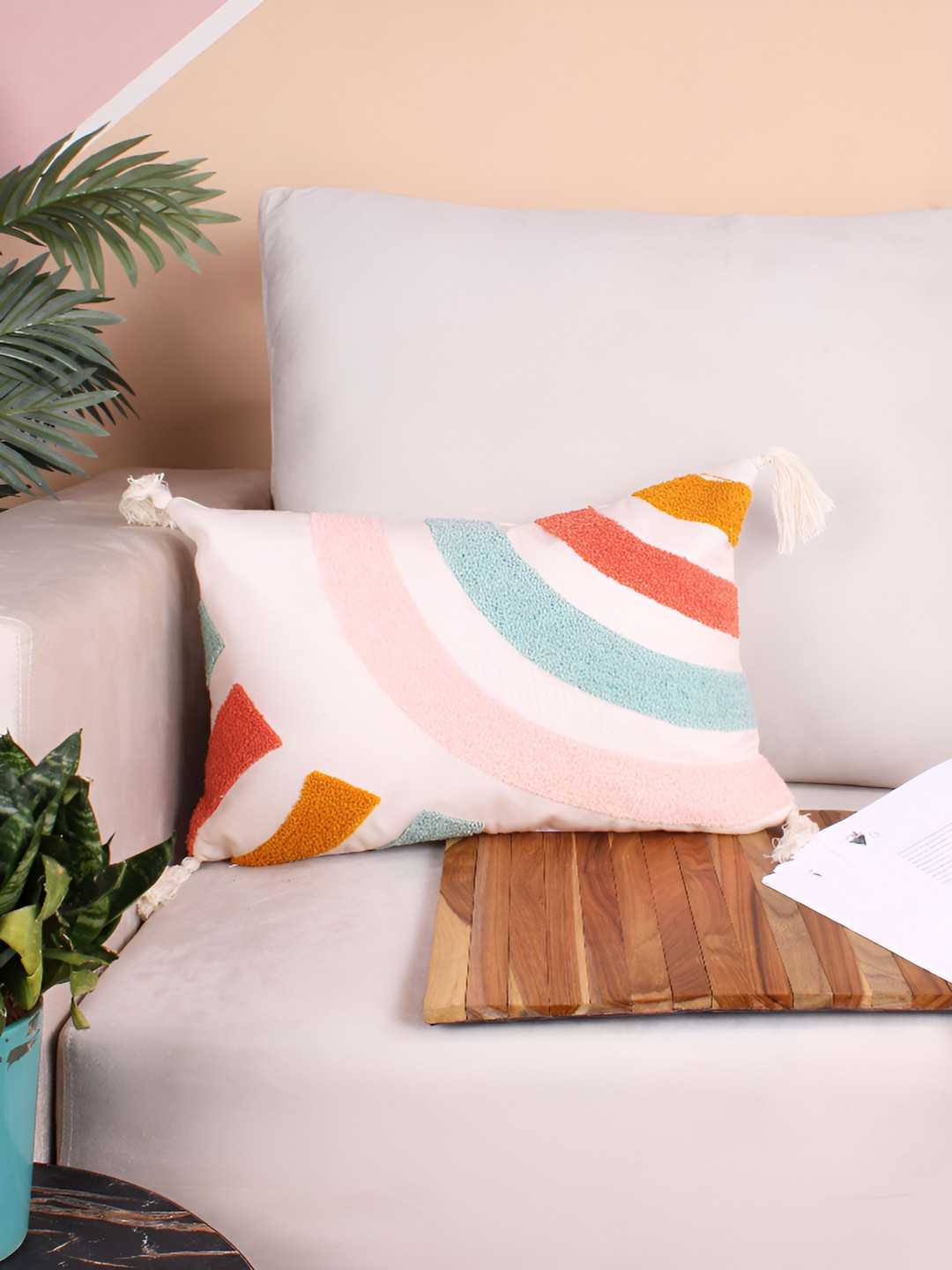 STITCHNEST Aarii Rainbow Self Design Polyester Textured Cushion Covers - 12 x 18 In