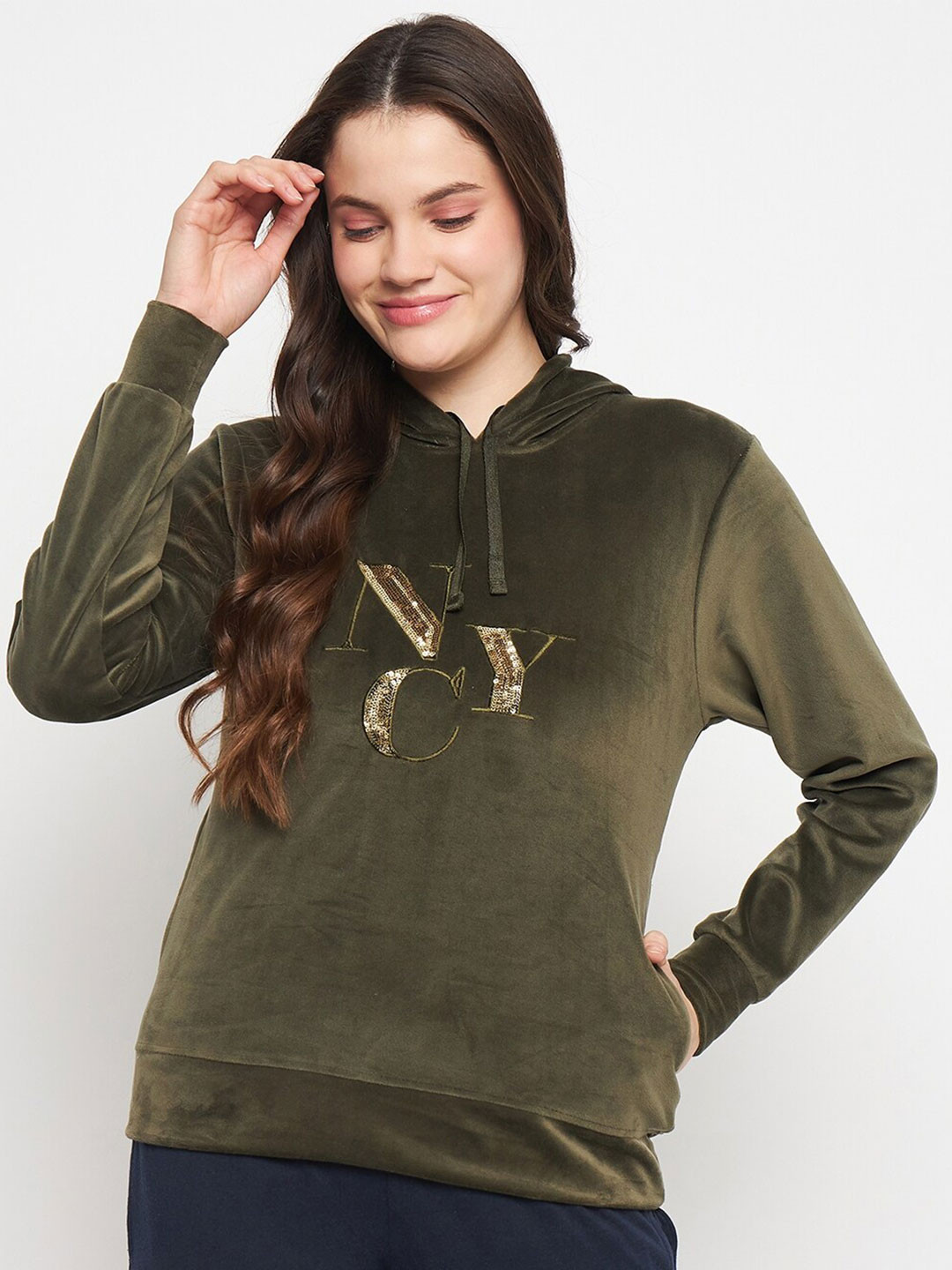 Camey Embellished Hooded Pullover Velvet Sweatshirt