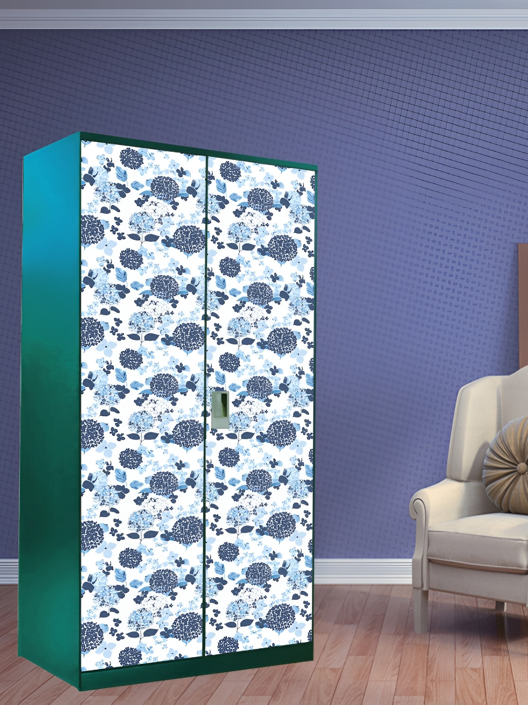 WALLWEAR Blue & White Floral Printed Wardrobe Sticker