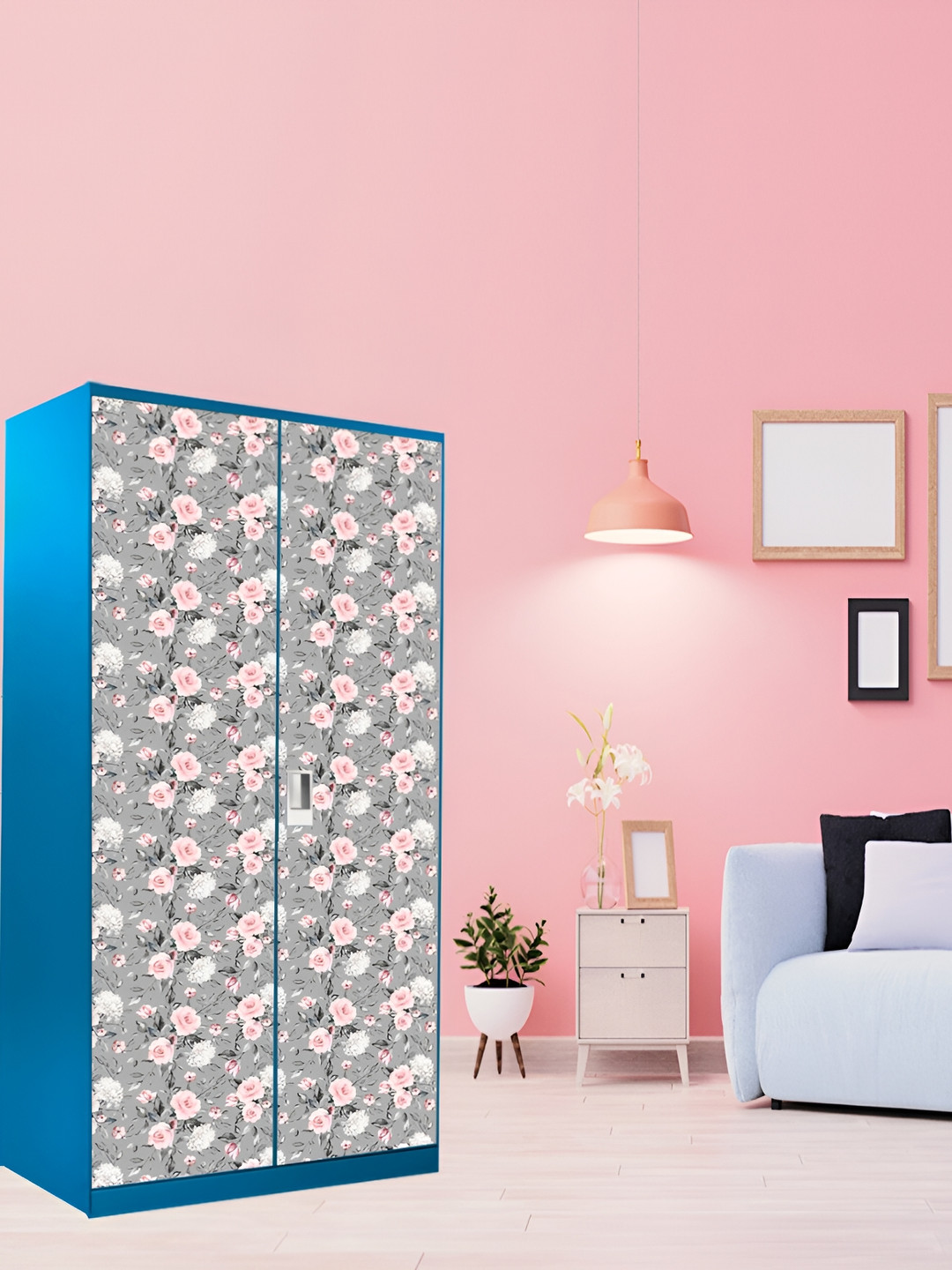 WALLWEAR Grey & Pink Floral Printed Wardrobe Sticker