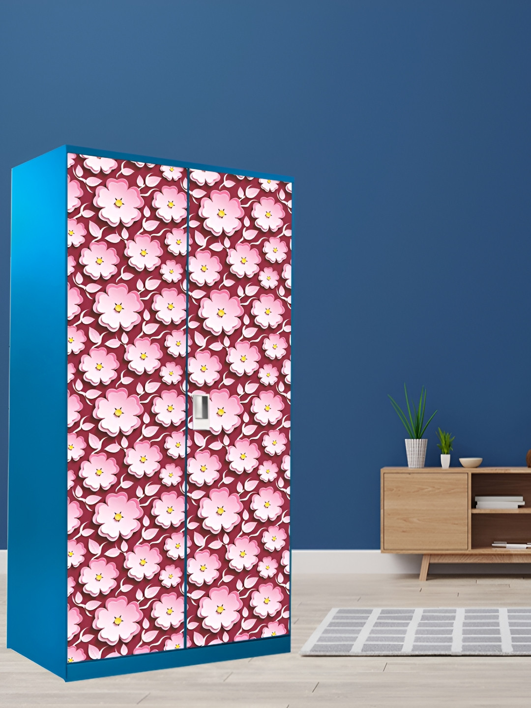 WALLWEAR Red & Pink Floral Printed Wardrobe Sticker