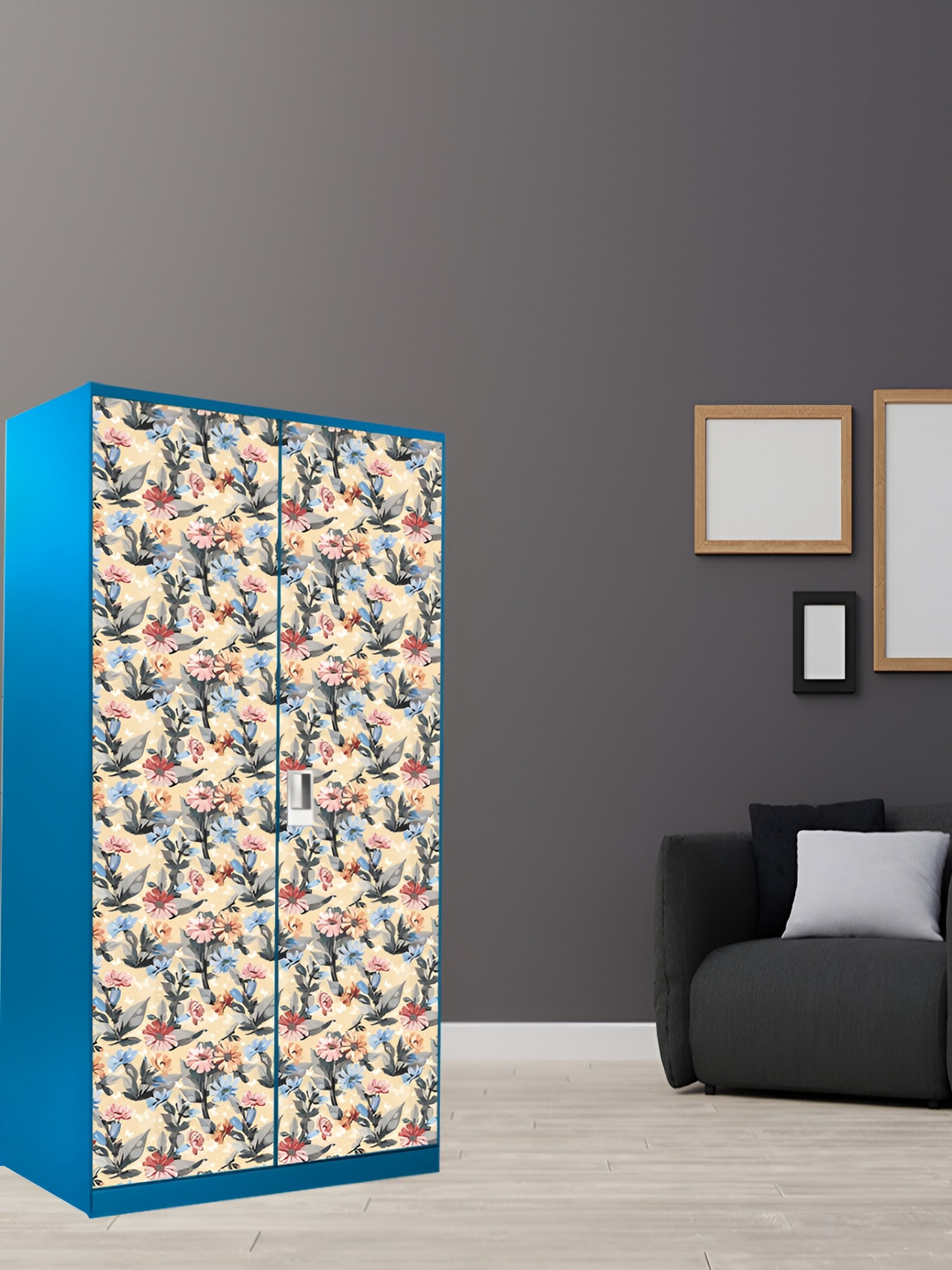 WALLWEAR Beige & Grey Floral Printed Wardrobe Sticker