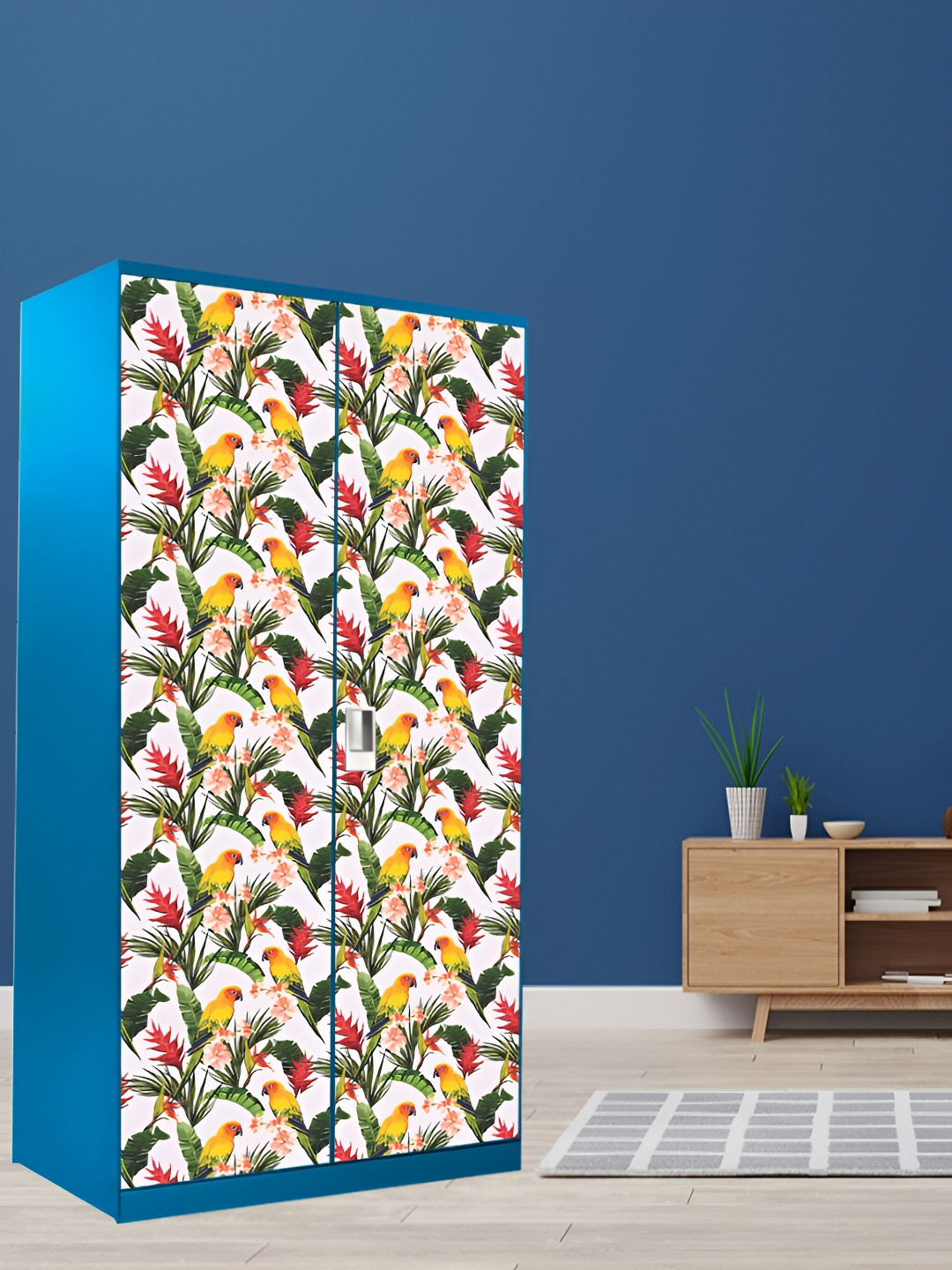 WALLWEAR White & Yellow Birds and Animals Printed Wardrobe Sticker