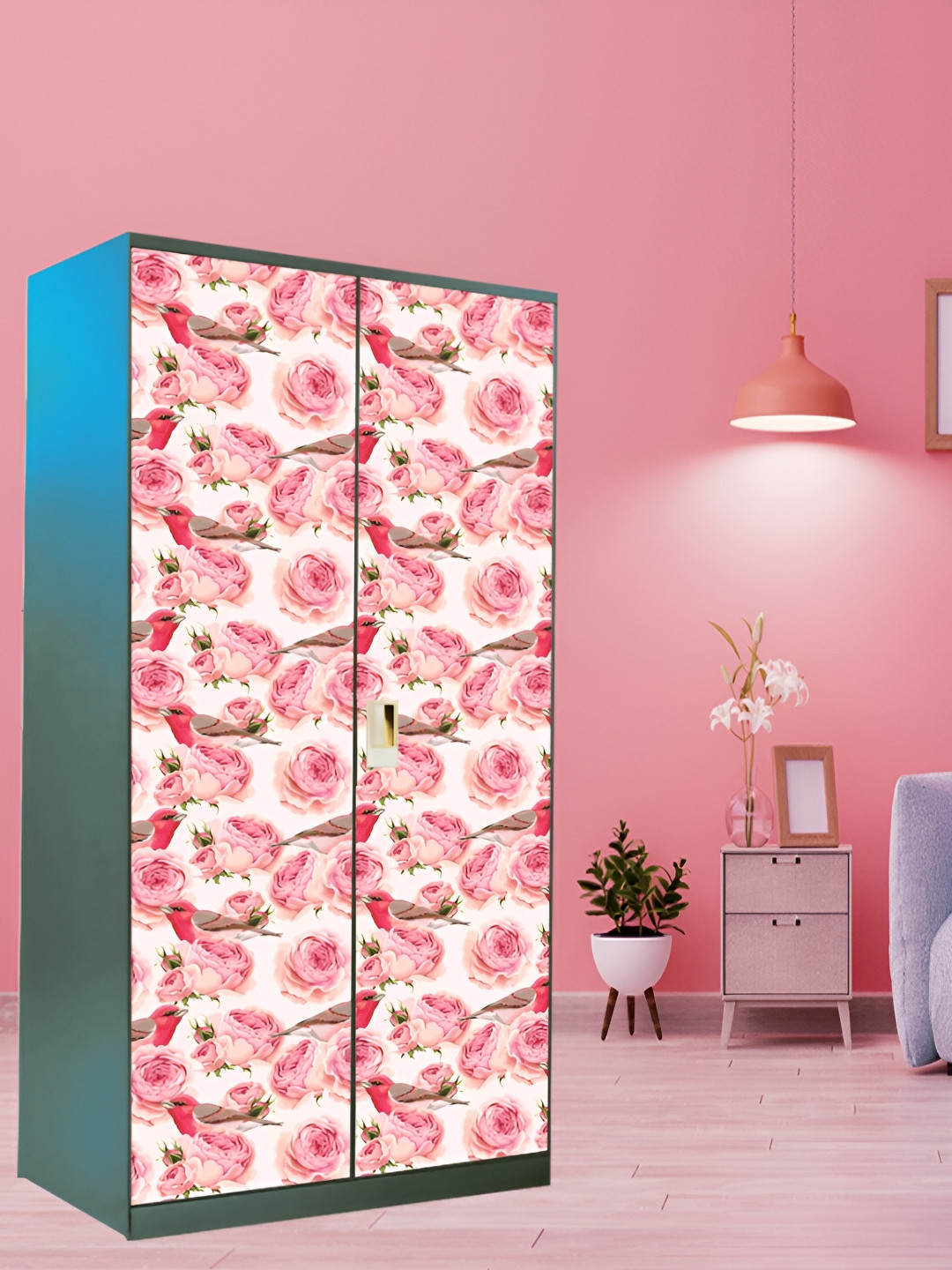 WALLWEAR Pink & White Printed Self Adhesive Wardrobe Wallpaper