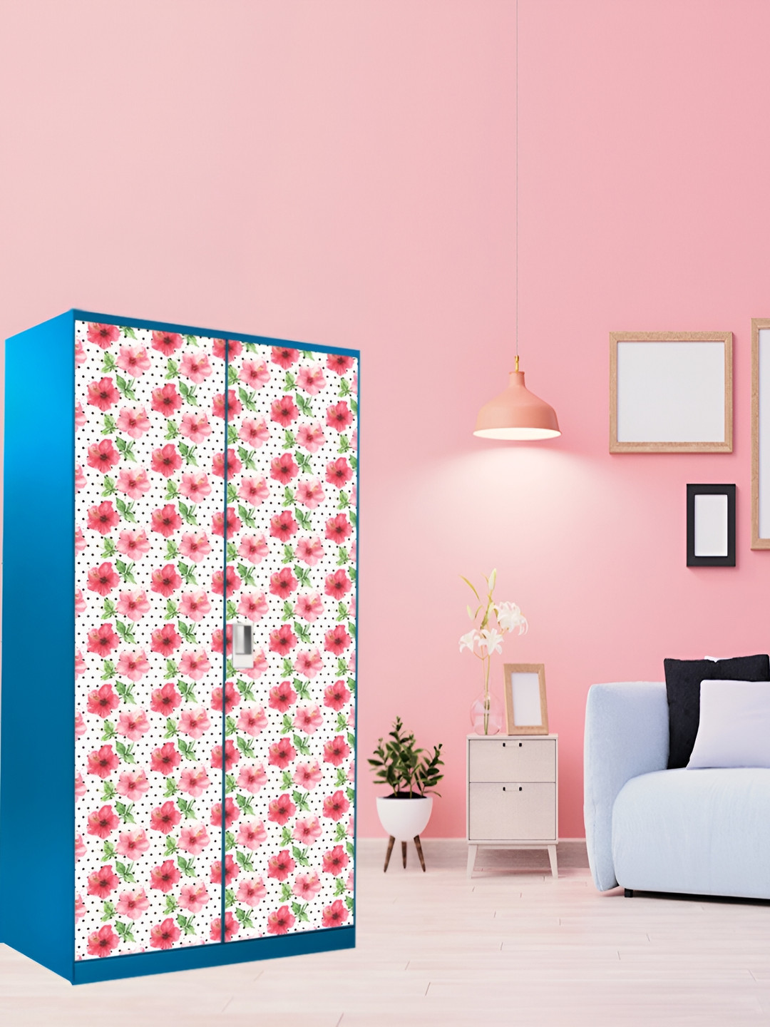 WALLWEAR Pink & White Printed Self Adhesive Wardrobe Wallpaper