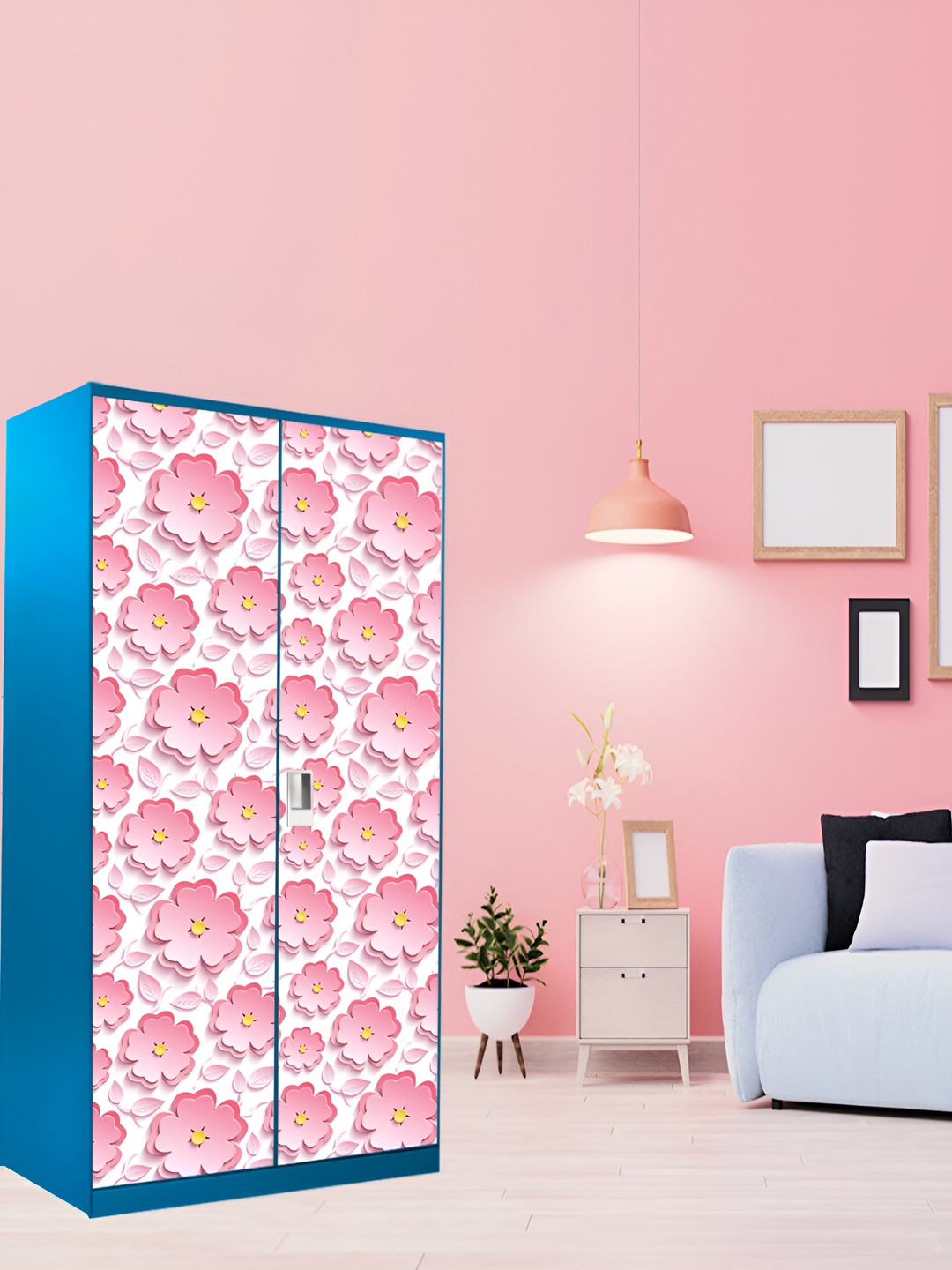 WALLWEAR Pink & White Printed Self Adhesive Wardrobe Wall Paper Stickers