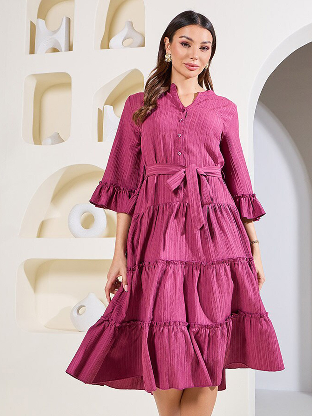 Styli Pink Mandarin Collar Bell Sleeve Tiered A-Line Midi Dress