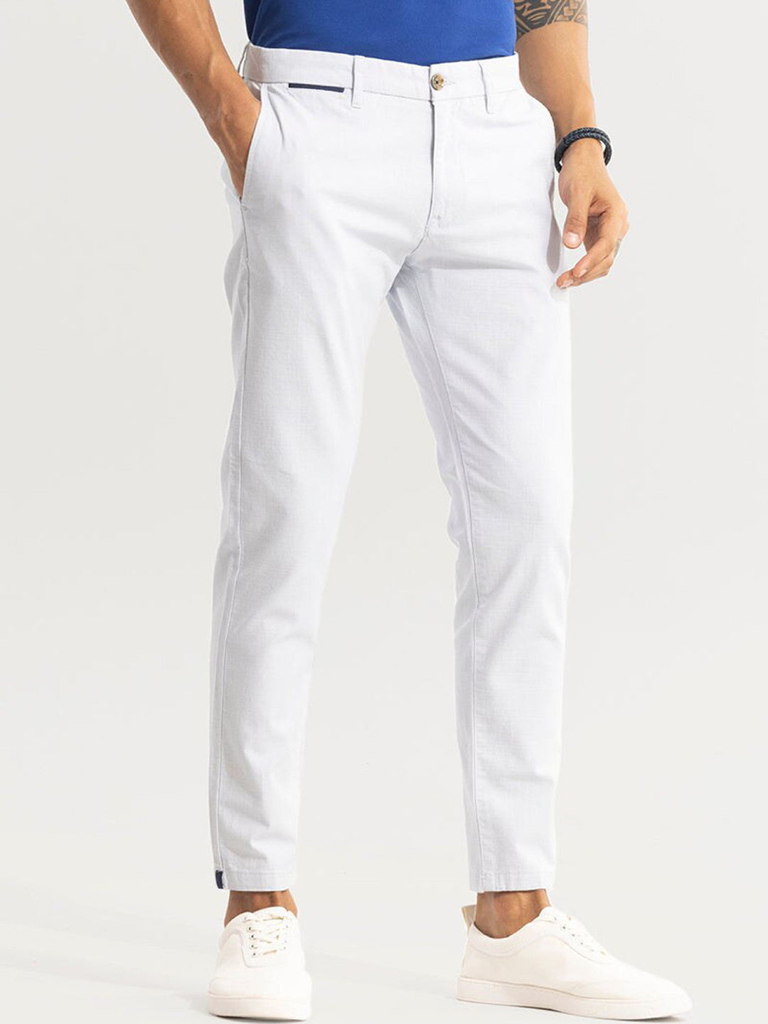 Snitch Men White Smart Slim Fit Cotton Trousers