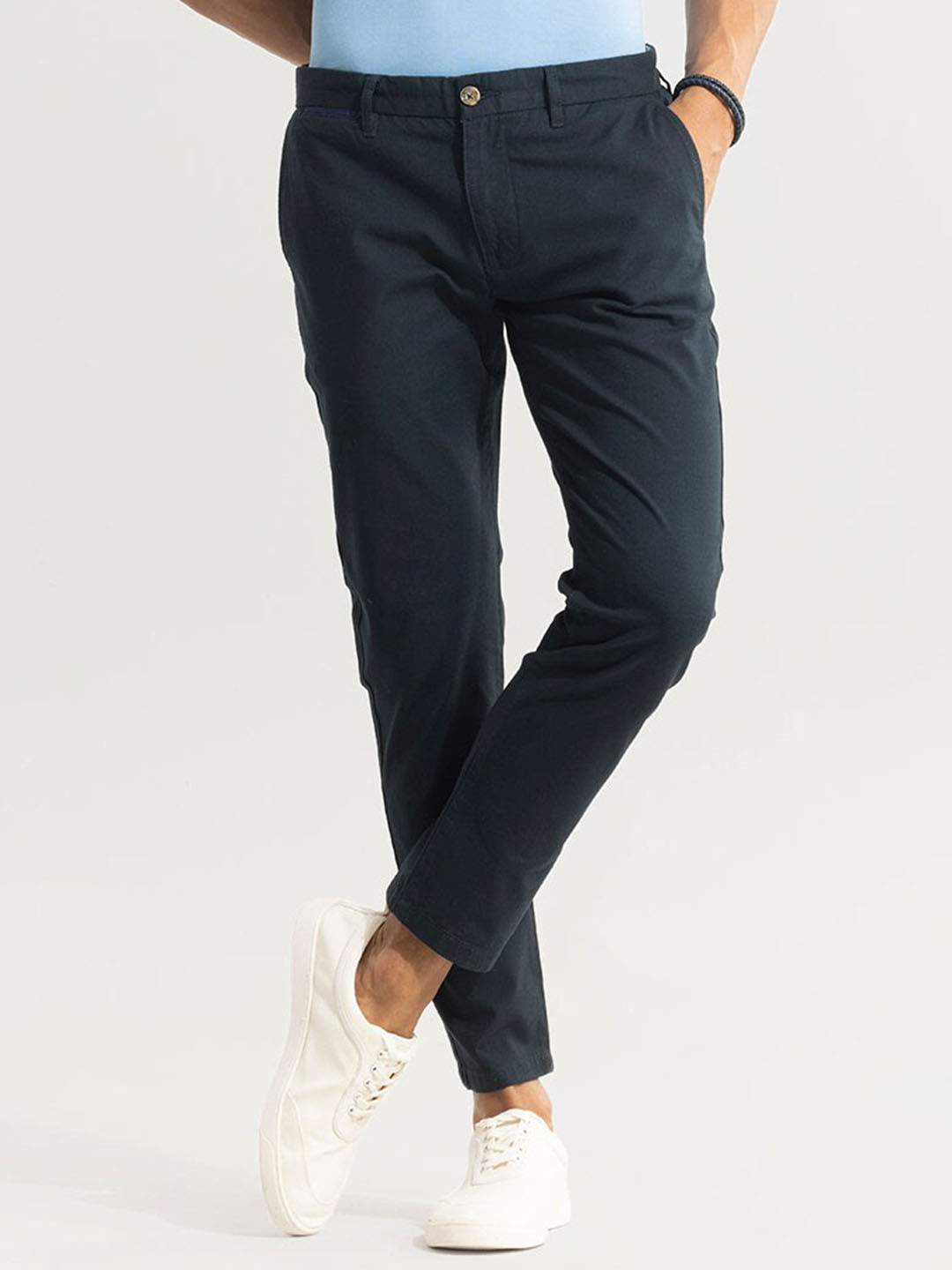 Snitch Men Navy Blue Smart Slim Fit Cotton Trousers