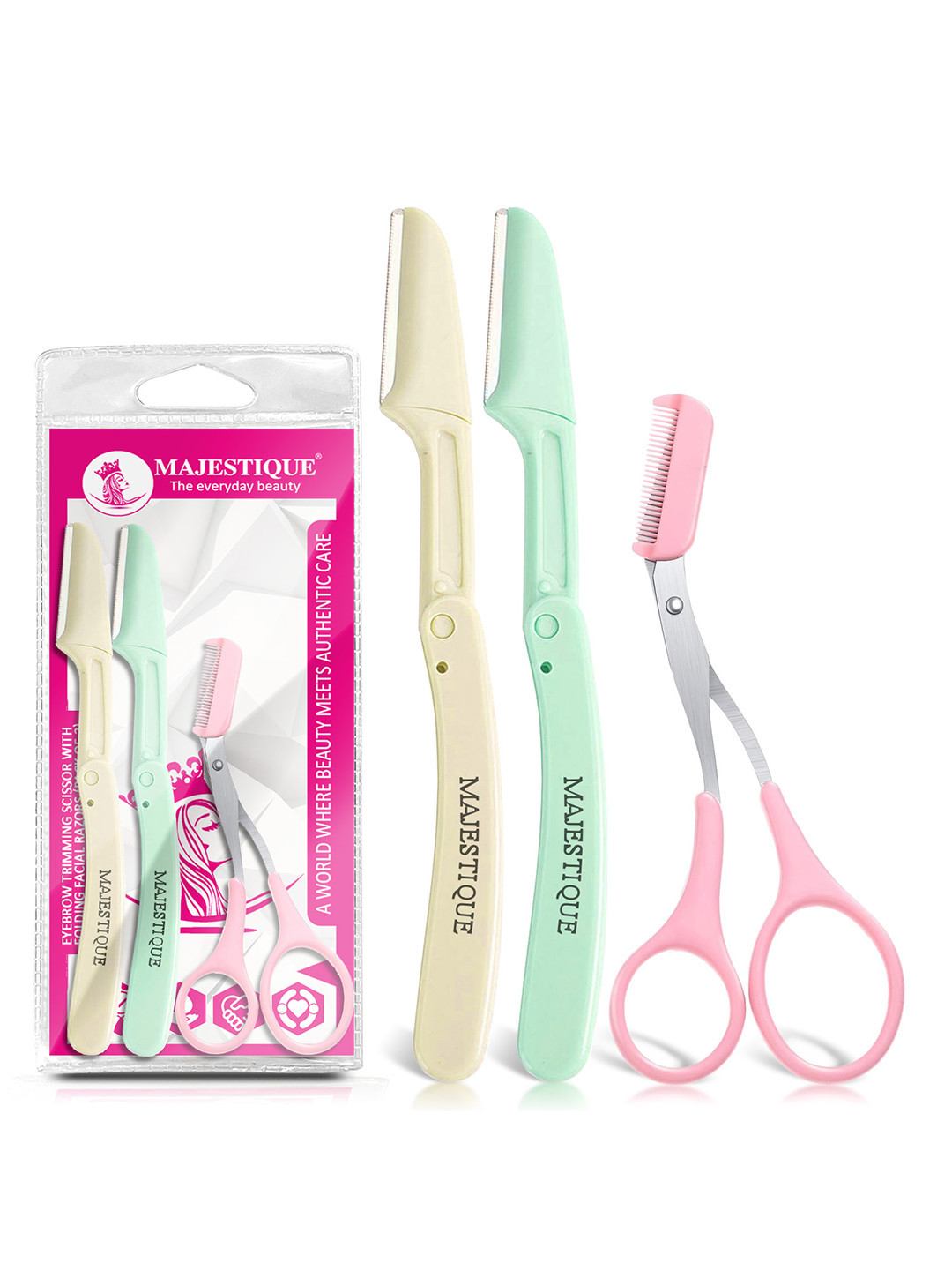 MAJESTIQUE 3-Pcs Eyebrow Trimmer Scissors & Folding Facial Razors