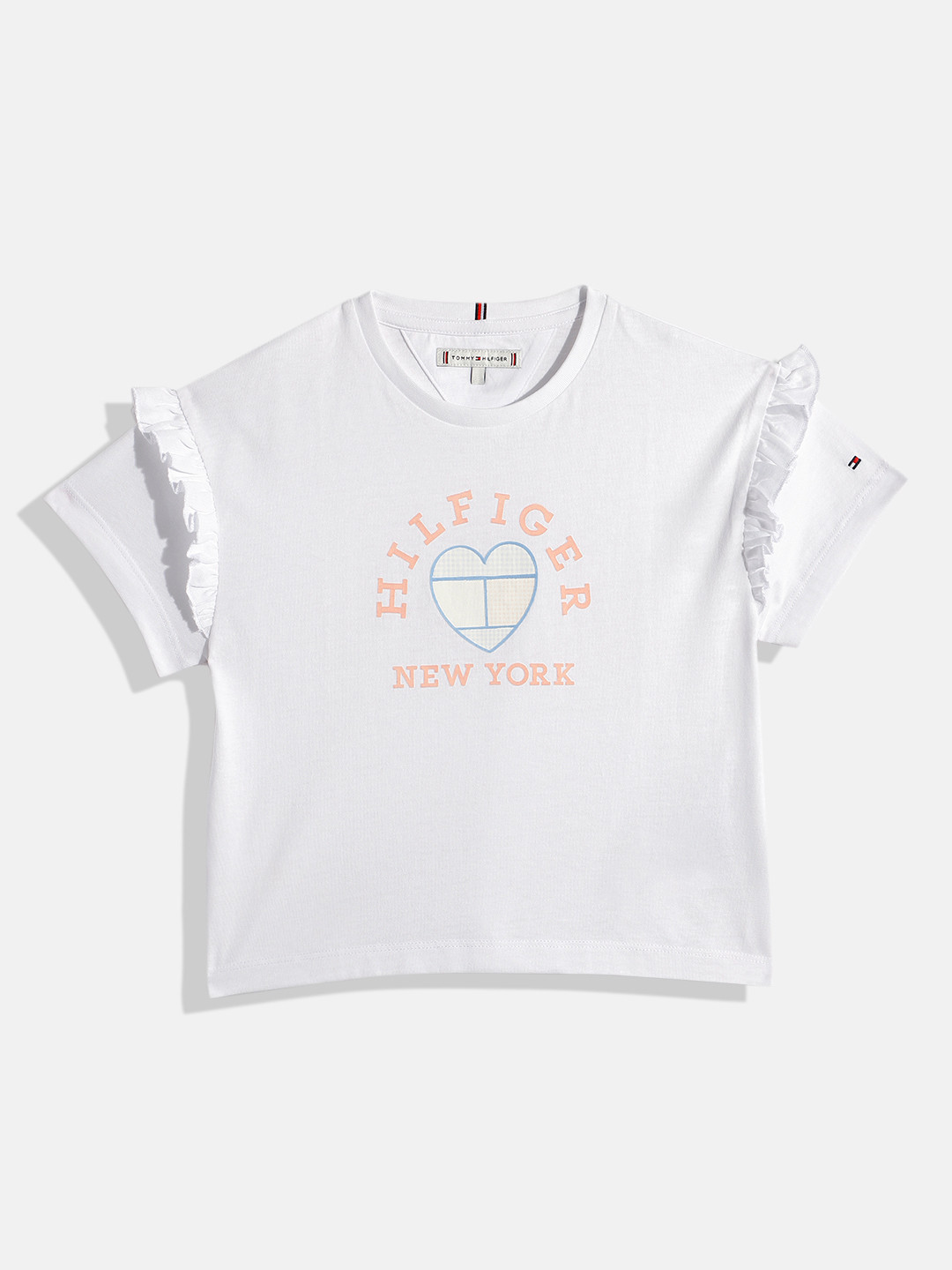 Tommy Hilfiger Girls Brand Logo Printed Ruffled Relaxed Fit T-shirt