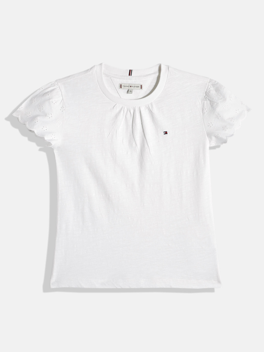 Tommy Hilfiger Girls Solid Gathered Or Plated Schiffli Pure Cotton Top
