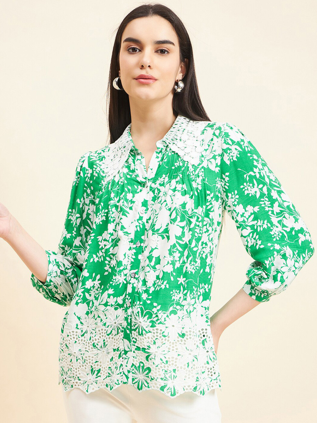 Gipsy Comfort Floral Printed Puff Sleeves Lace Casual Shirt
