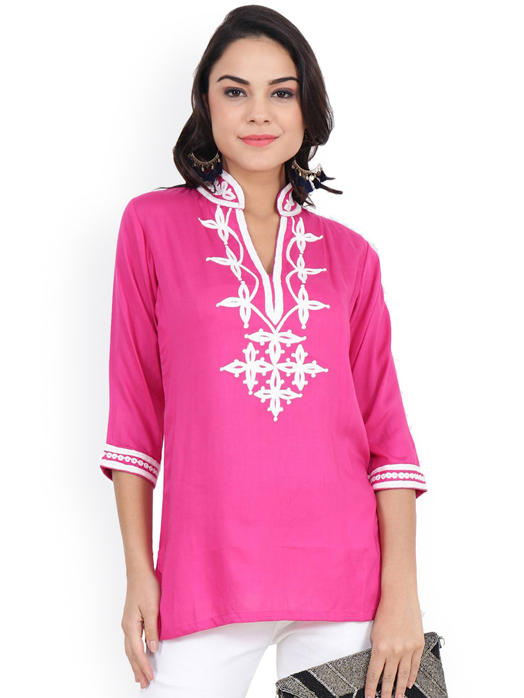 CRAFTBAZAR Floral Yoke Design Thread Work Mandarin Collar A-Line Kurti