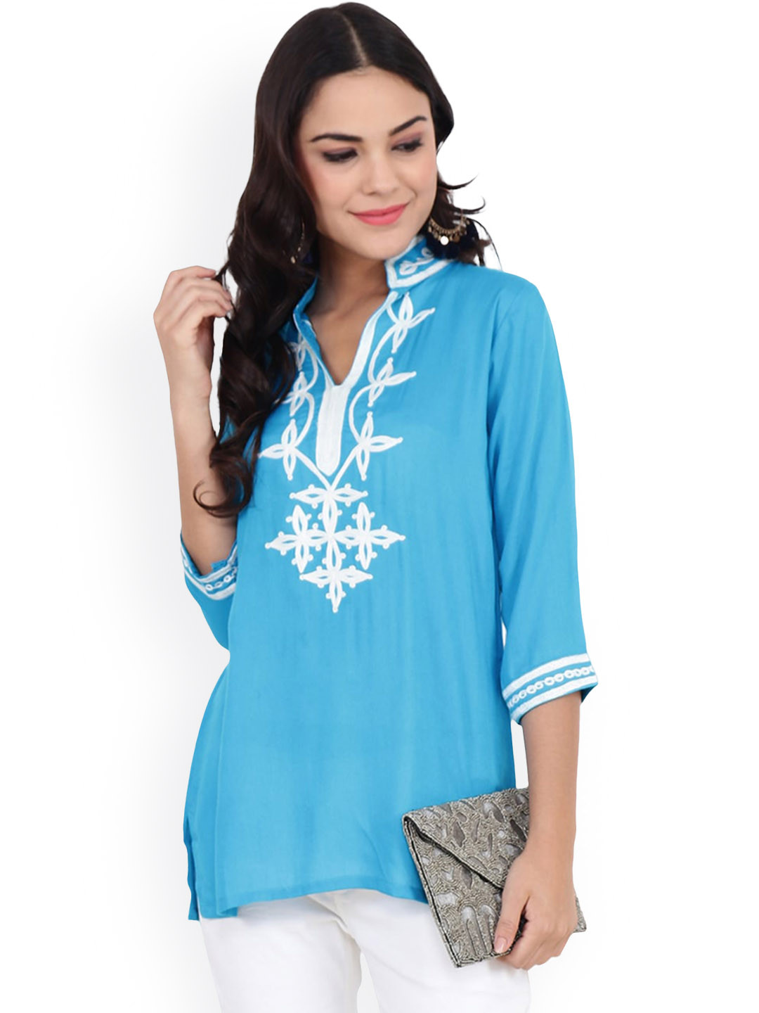 CRAFTBAZAR Floral Yoke Design Thread Work Mandarin Collar A-Line Kurti
