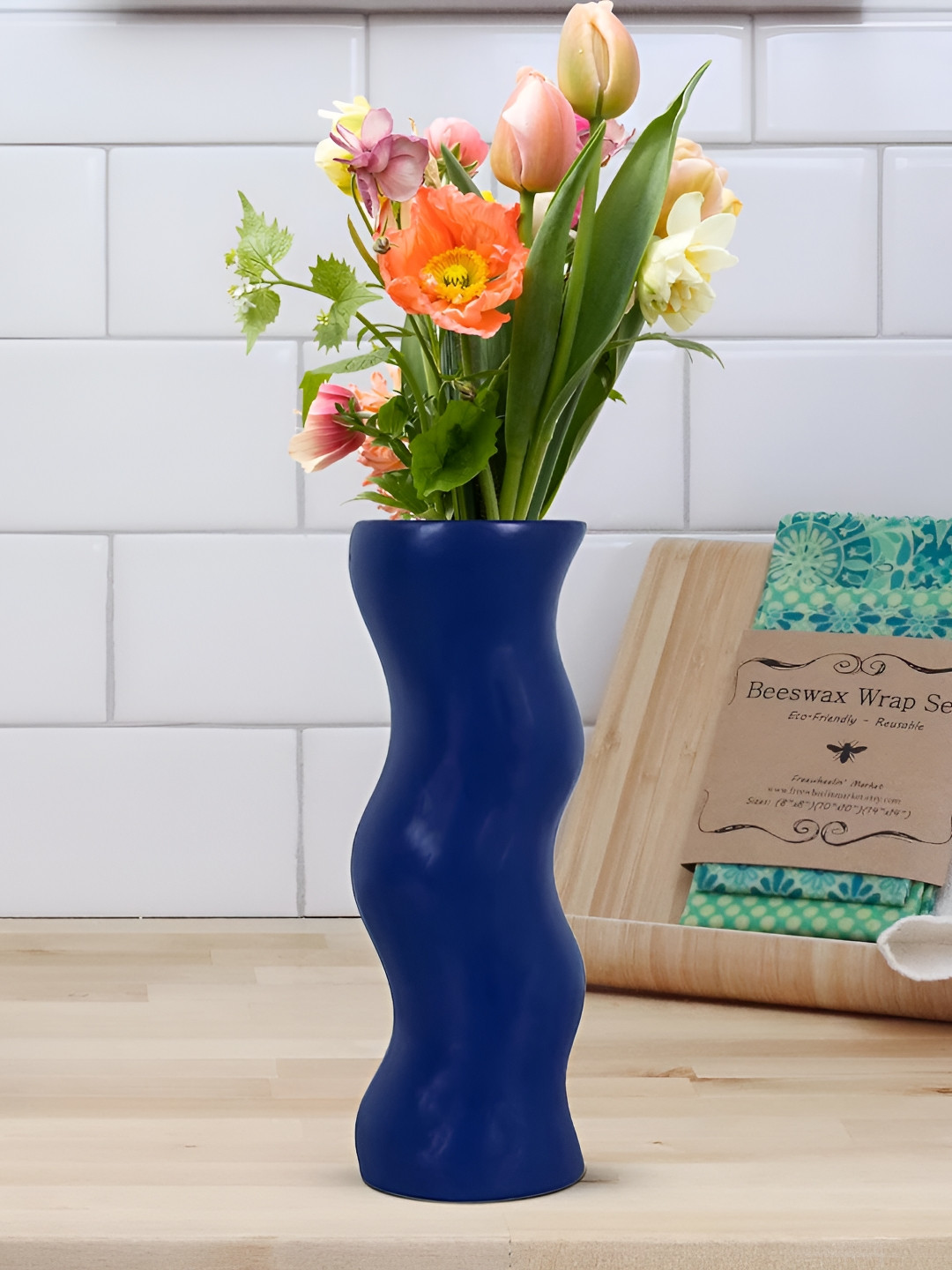 LASAKI Piper Navy Blue Abstract Shape Matte Finish Ceramic Flower Vase