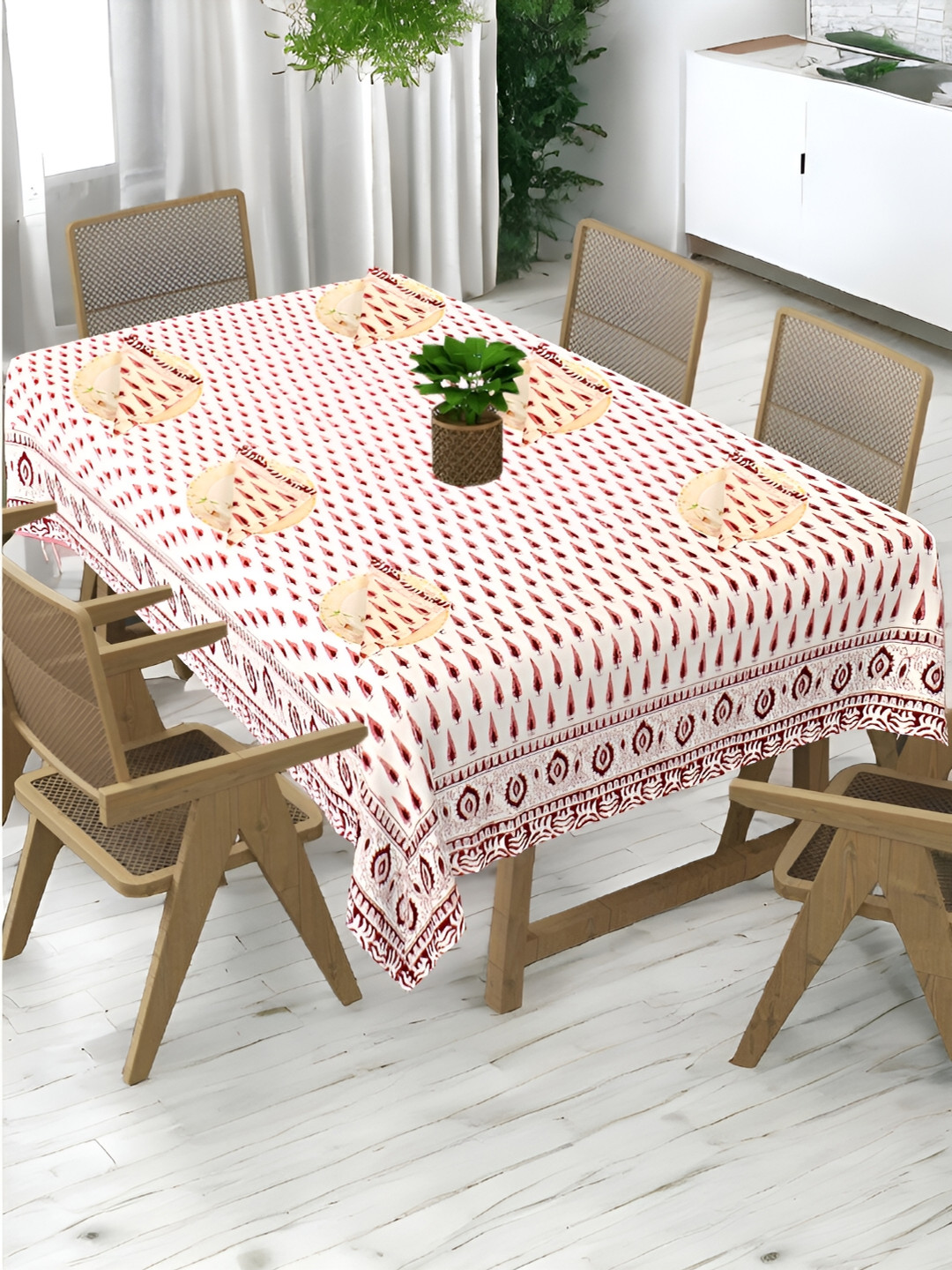 Bohekant White Floral Cotton 6-Seater Table Cover with Embroidered details