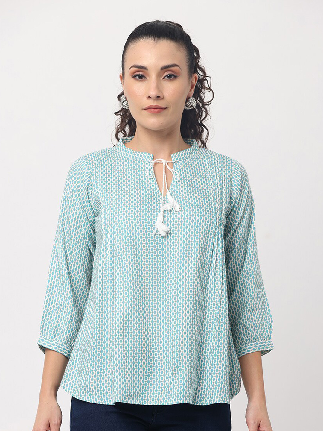 GLORY & I Geometric Printed Tie-Up Neck Top