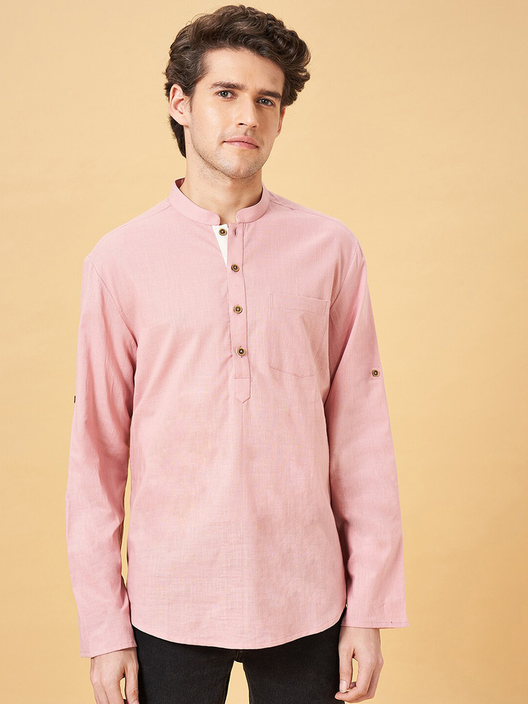 indus route by Pantaloons Mandarin Collar Cotton Linen Staight Kurta
