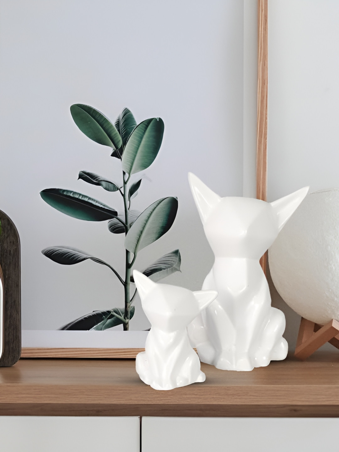 LASAKI Neko Cat Pair White Ceramic Natural Living Room Set of 2 Small Showpieces - 3.3 Inches